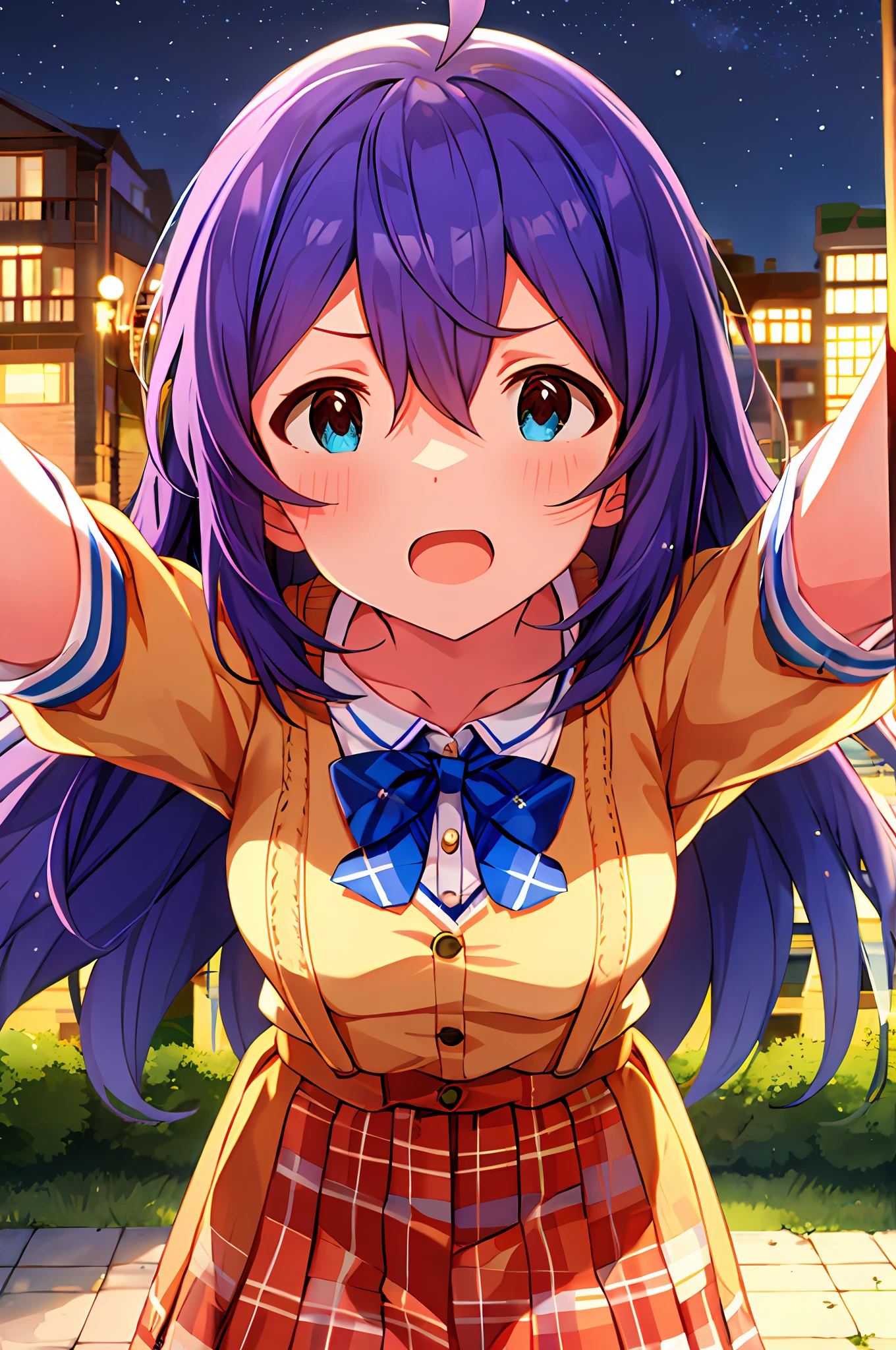 Anna Mochizuki (Million Live), (Top Quality, 8K, Masterpiece, Super Detail: 1.2), 1 Girl, Suspender Clothes.Skirt.Blushing, Clavicle, Bow, Ribbon, Blue Bow.Night.Night View.Outdoors.Chestful.Despair Face.Open Mouth.
