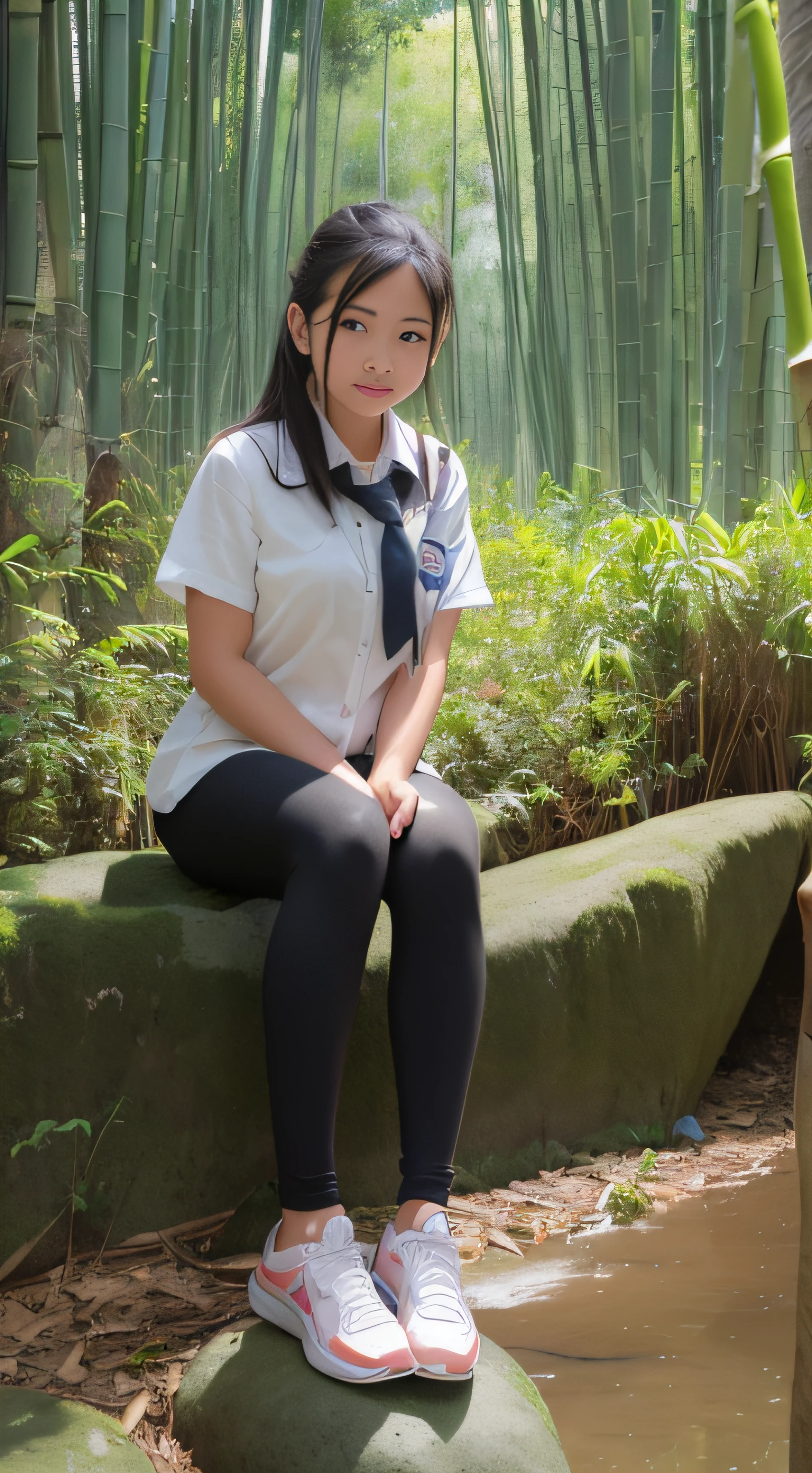 A girl wearing a soaked school uniform, black leggings, and sneakers sat on a large rock in a bamboo forest, surrounded by water