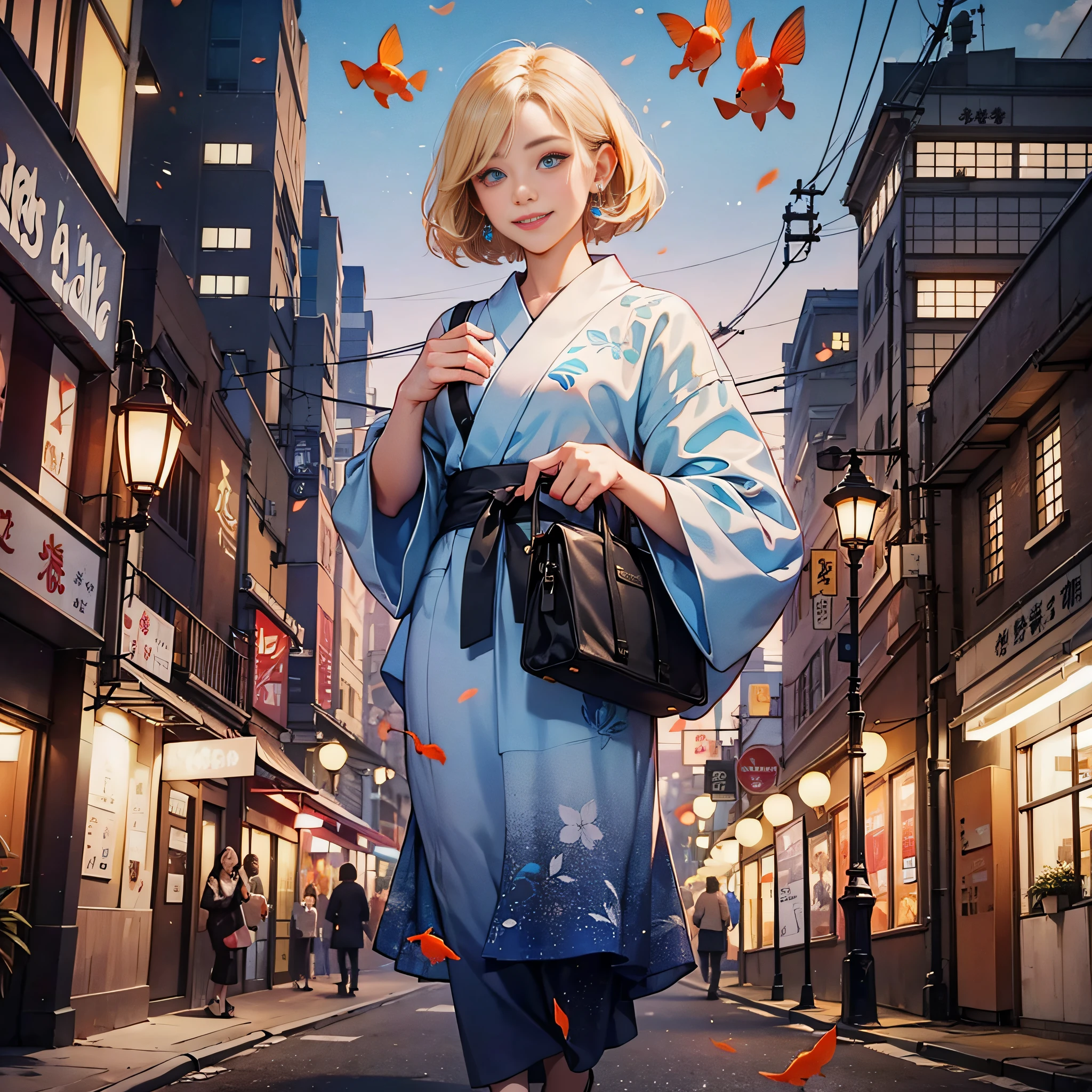 {{masterpiece, best quality, extremely detailed CG, unity 8k wallpaper}}, downtown Tokyo in the early 20th century, full body, a girl smiling, cute face, blonde short bob , ear piercings, yukata, detailed face, detailed eyes, blue eyes, double eyelids, long eyelashes, popeyed goldfish flying around her, cinematic lighting,