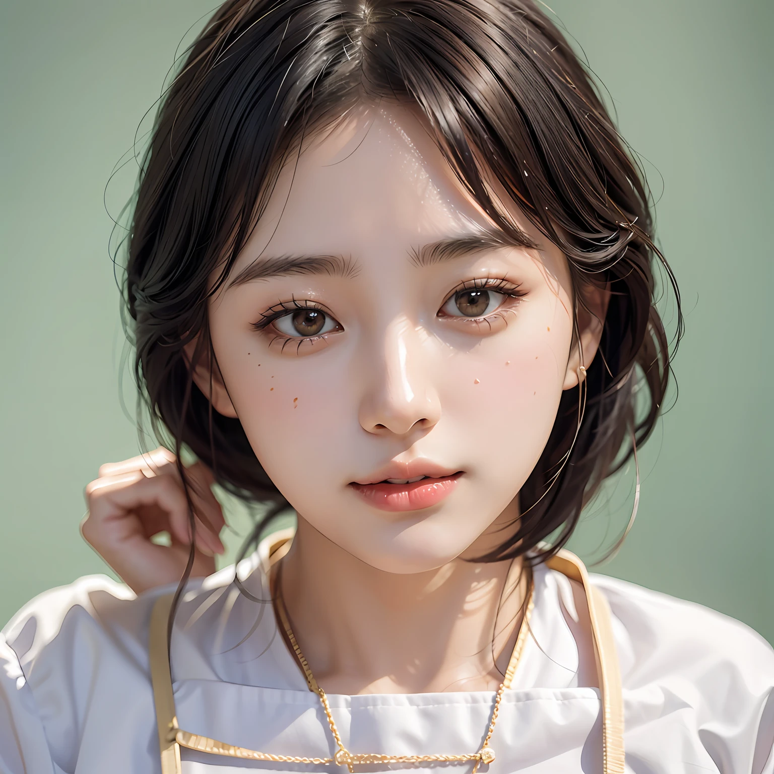 Photo realism, best quality, short black hair, beautiful girl, realistic face, big eyes, fair beautiful skin, long legs, wearing a short skirt in green and white, super realistic, high resolution --auto