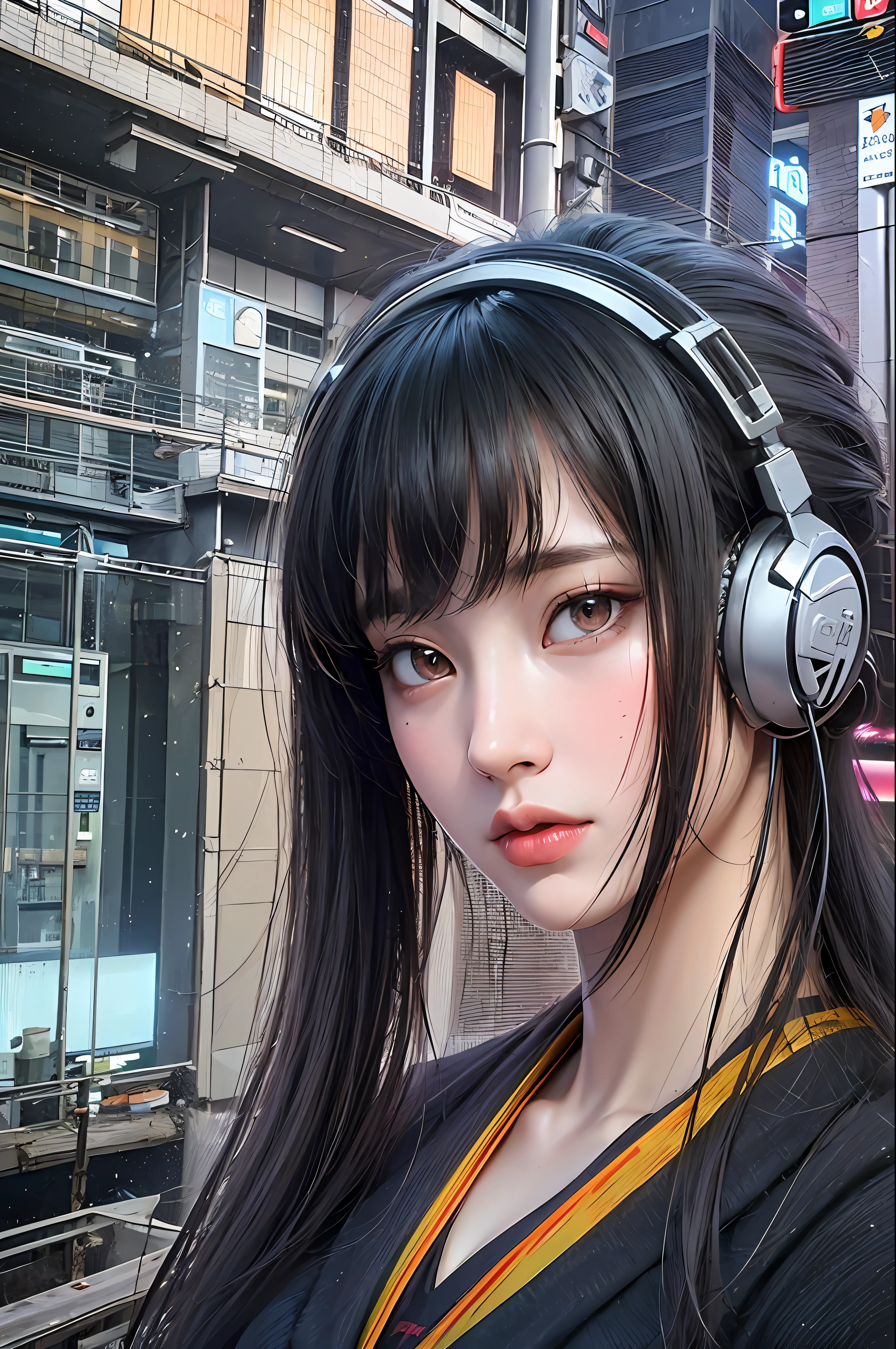 Top quality, masterpiece, ultra high resolution, (photorealistic: 1.4), raw photo, futuristic town perspective, futuristic skyscrapers, girl standing on a futuristic street corner, black hair, glossy skin, 1 Gundam girl, (((ultra-realistic details)), sidmead-style mecha design, portrait, global illumination, shadow, octane rendering, 8K, Ultra Sharp, Big, Cleavage Exposed Raw Skin, Metal, Intricate Ornamental Details, Headset, Hydraulic Cylinder, Very Intricate Details, Realistic Light, CGSoation Trend, Purple Eyes, Glowing Eyes, Facing the Camera, Neon Details, Mechanical Limbs, Blood Vessels Connected to Tubes, Mechanical Vertebrae Attached to the Back, Mechanical Cervical Attachment to the Neck, sitting, wires and cables connecting to the head, Gundam suit, cyberpunk, small LED lamps,