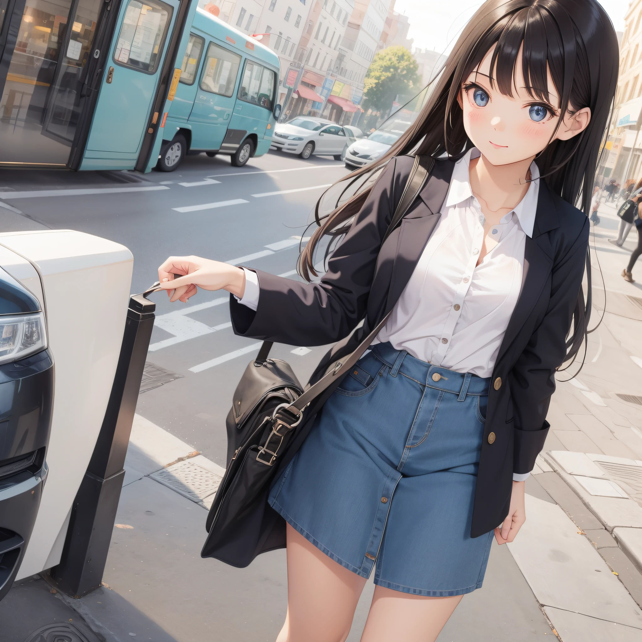 (best texture:1.2), (masterpiece),rough sketch style, extremely fine and beautiful, 4K (8K),ultla highres,absurdres,intricate detailed,super fine illustration,watercolor painting, pastel painting,millipen,photo realistic,perfect anatomy,correct anatomy,perfect proportion,perfect face,perfect hands,perfect legs,perfect fingers,perfect hands, one woman,boyish,(black long skirt:1.3),lightcyan camisole,(orangered cardigan),posing,tiny breasts,tall of a person,whole body,thin,beautiful face,(slanted eyes:1.3),thin eyebrows,thin lips,open mouth,smiling,(extra long hair:1.3) ,(straight hair),blunt bangs,midnightblue hair,black eyes,outdoor,daytime,office,