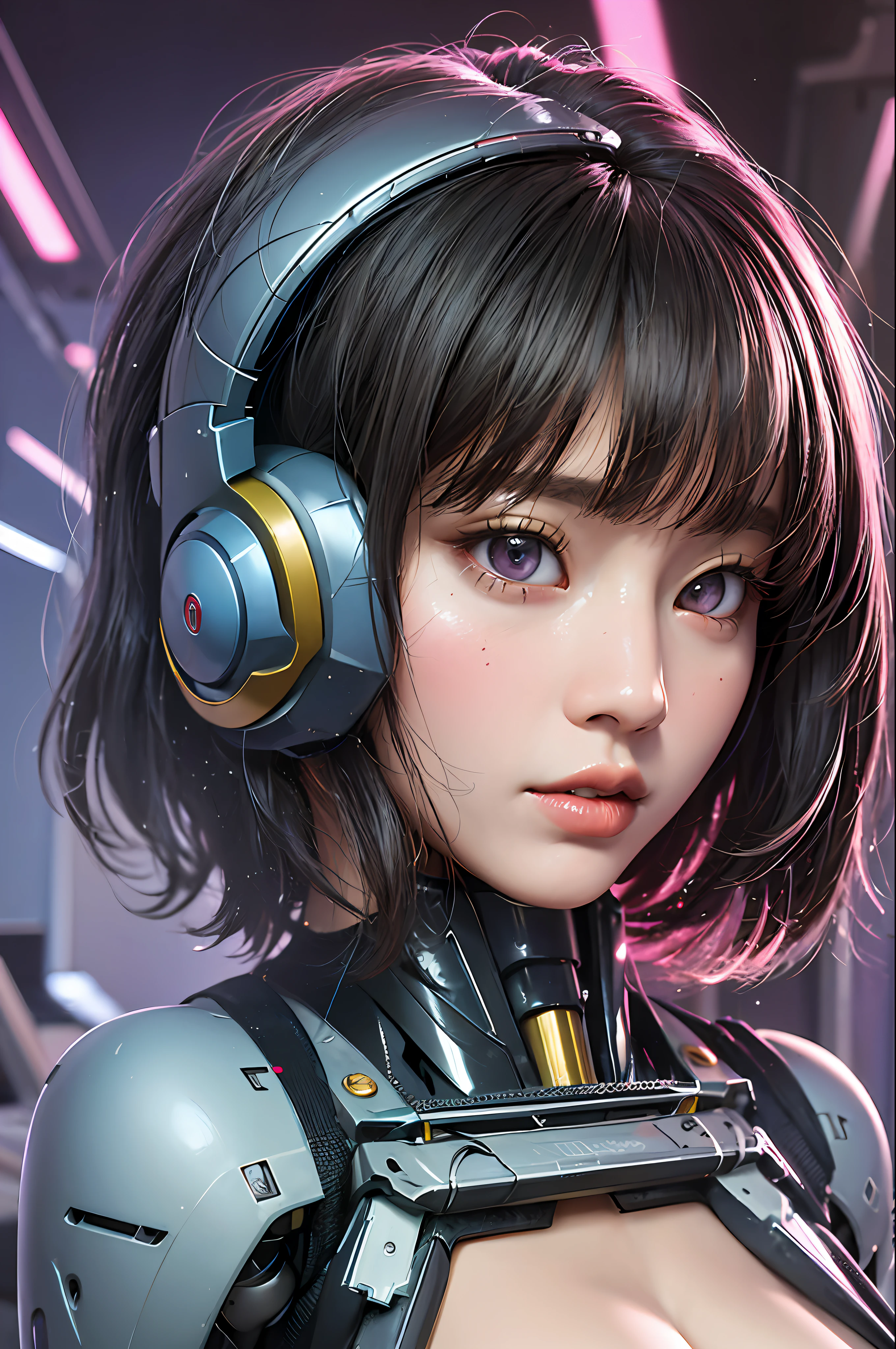 Top quality, masterpiece, ultra high resolution, (photorealistic: 1.4), raw photo, futuristic town perspective, futuristic skyscrapers, 10 year old girl standing on a futuristic street corner, black hair, glossy skin, 1 Gundam girl, (((ultra-realistic details)), sidmead-style mecha design, portrait, global illumination, shadow, octane rendering, 8K, Ultra Sharp, Big, Cleavage Exposed Raw Skin, Metal, Intricate Ornamental Details, Headset, Hydraulic Cylinder, Very Intricate Details, Realistic Light, CGSoation Trend, Purple Eyes, Glowing Eyes, Facing the Camera, Neon Details, Mechanical Limbs, Blood Vessels Connected to Tubes, Mechanical Vertebrae Attached to the Back, Mechanical Cervical Attachment to the Neck, sitting, wires and cables connecting to the head, Gundam suit, cyberpunk, small LED lamps,