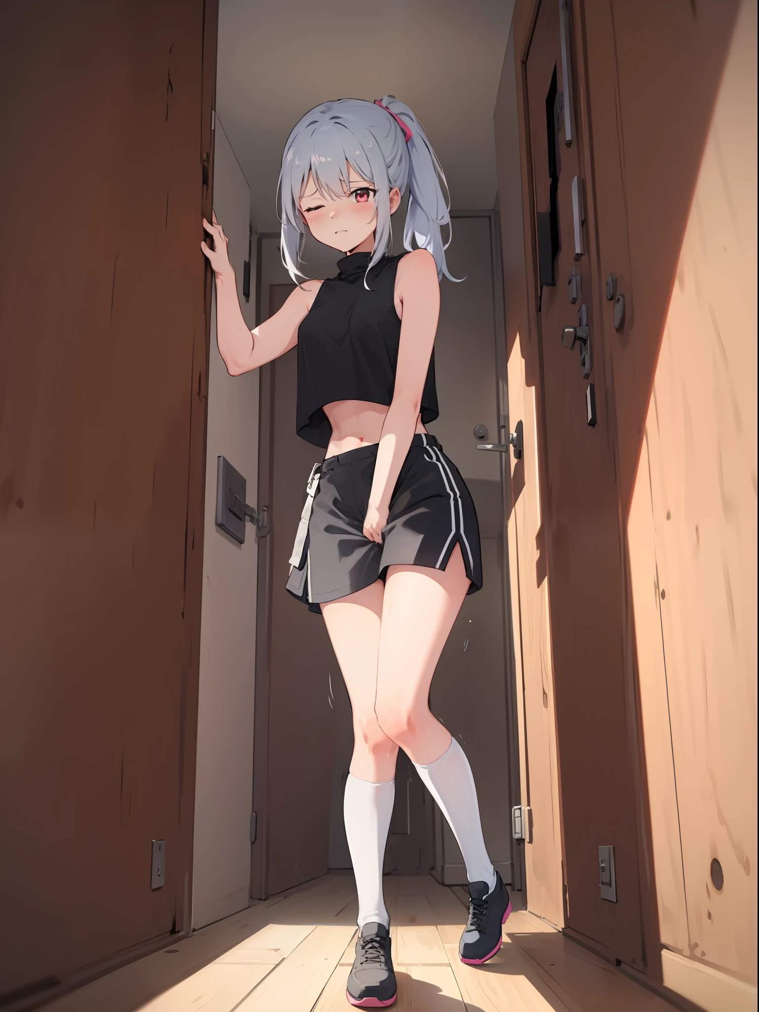 (Perspective Drawing), (Highest Quality), Fascinating, Rich Detail, Reality, (1girl:0.7), Girly, Cute, ((Silver Hair)), Two-dimensional, Long ponytail, Light Red Eyes, Red Hairpin, Sleeveless, Bare Shoulders, Tights, ((Crop Top)), Fidgeting, Legs Clamped, Holding Wall, (Incontinence), Eyes Closed, (White Stockings), (Anxious), Blushing, (from below)