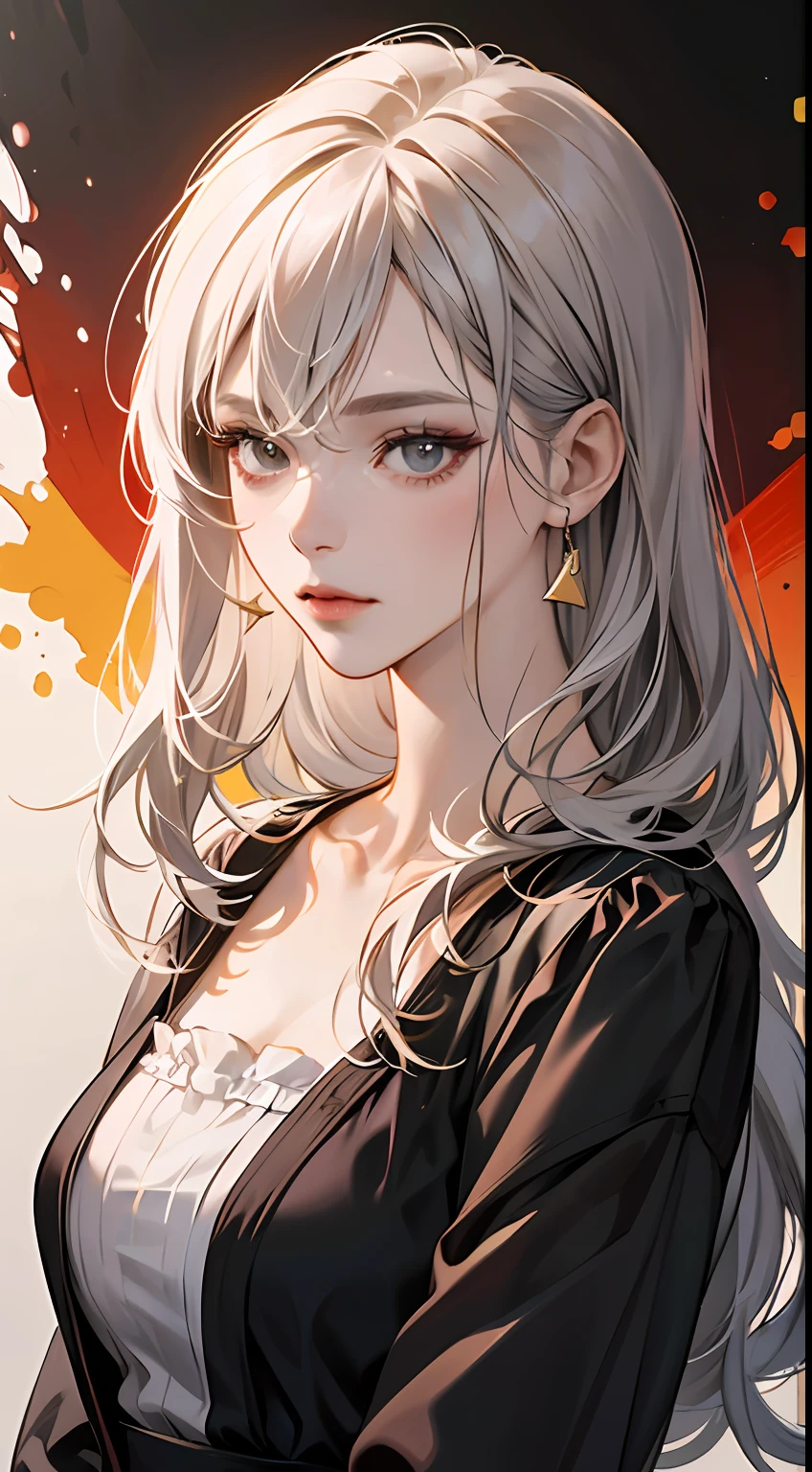 A painting of a woman with gray hair and an orange top, stunning anime face portrait, beautiful character painting, beautiful anime portrait, her image is rendered by red paint, presenting a stunning effect. The painting is very detailed, depicting women's faces and clothing. Her face has a creamy dripping effect, which makes the whole face more vivid. She wears a beautiful detailed outfit with pale gray hair. The proportions are accurate, and the costumes of the female characters are traditionally dressed, showing a classical charm.