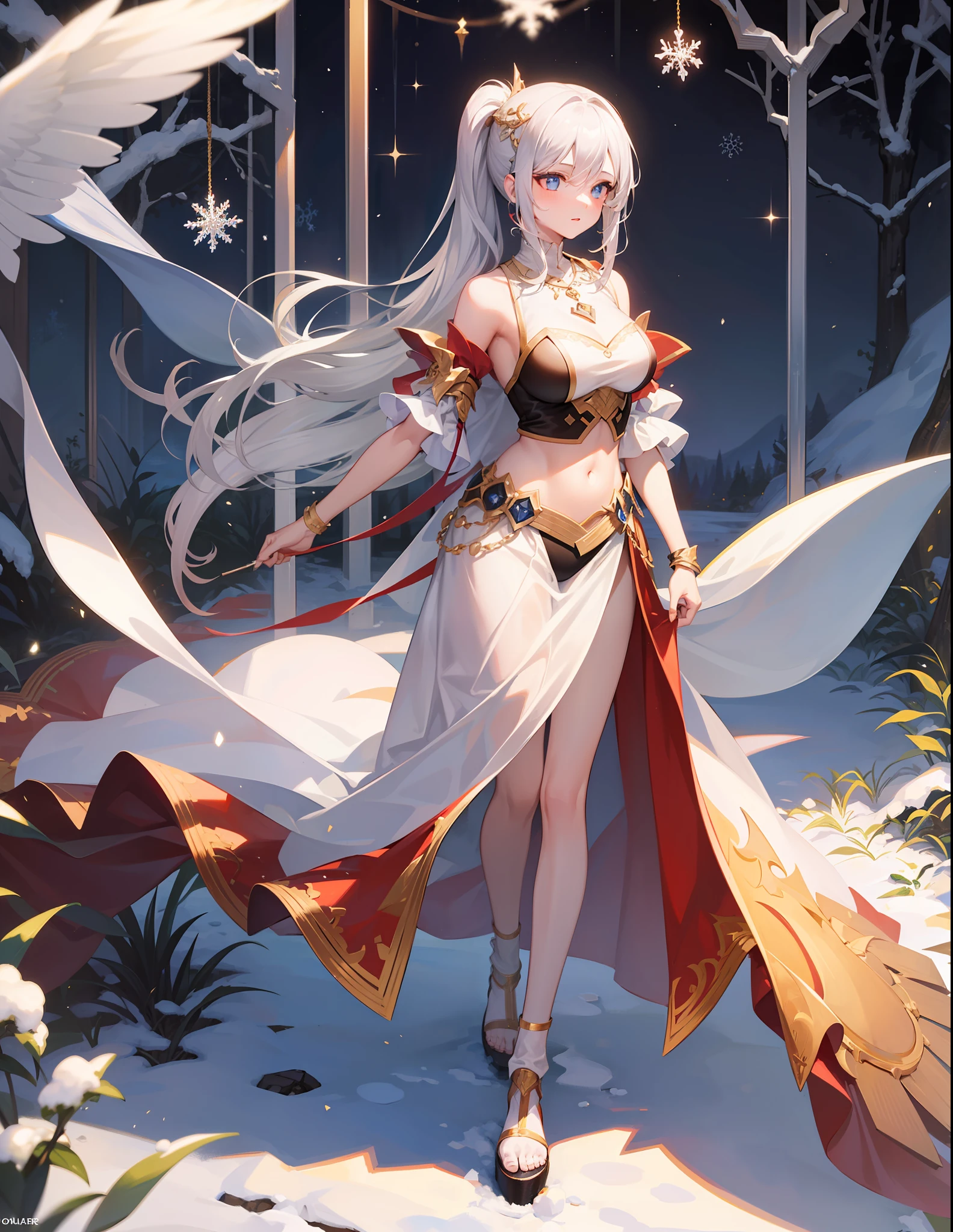 (1 girl: 1.3), solo
official art, Unity 8k wallpaper, super detailed, beauty and aesthetics, beauty, masterpiece, best quality, fantastic atmosphere, calm color palette, peaceful mood, soft shadows, inlay of projection, (highest quality), (depth of field), (full body), charming, rich details, ((silver white hair)), quadratic, ((long ponytail)), red hair ornament, blue necklace, crop top, solid armor, snowflakes, ice cubes, floating crushed ice, snow days