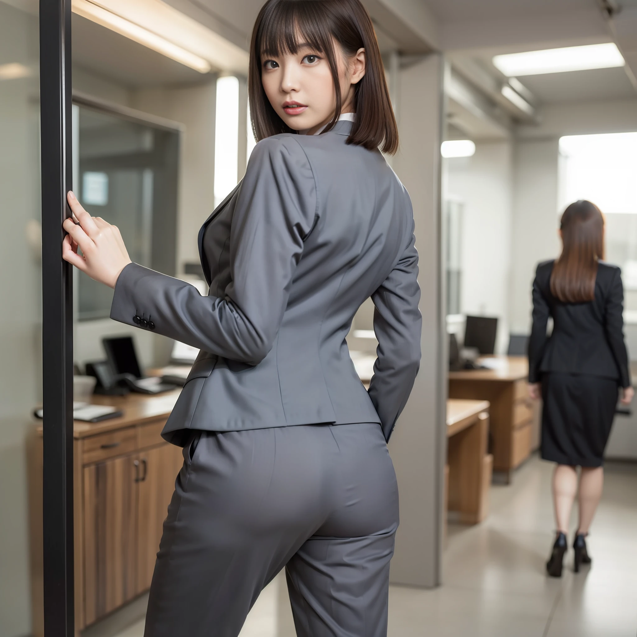 (Best Quality, 8k, 32k, Masterpiece, UHD: 1.2), 1 Girl, Beautiful Japan Woman, Thin Waist, Gray Suit, Open Jacket, Office Lady, Suit, Pants, From Back, Office, Turn, Office, Desk, (Stick Out Butt: 1.2), Fine Face, Brown Hair, Bob Hair, Saggy Eyes, Muscular, Slender, Full Body, Detailed Fingertips, One Woman, Solo, Cool Expression