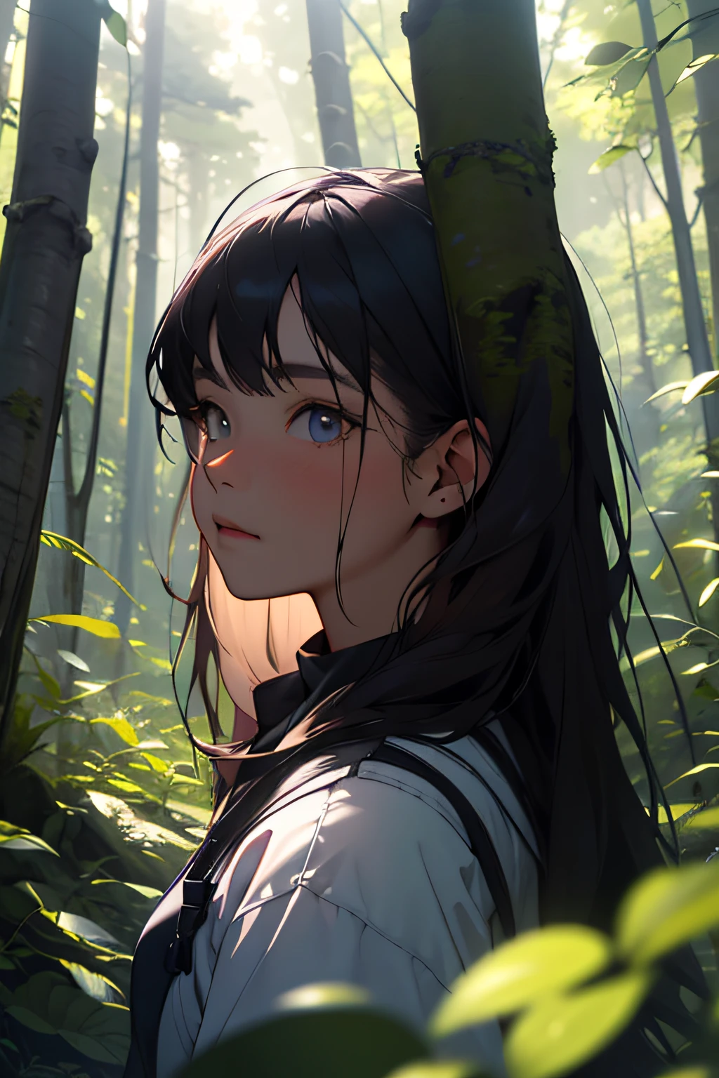 A girl in the forest with sunlight on her face