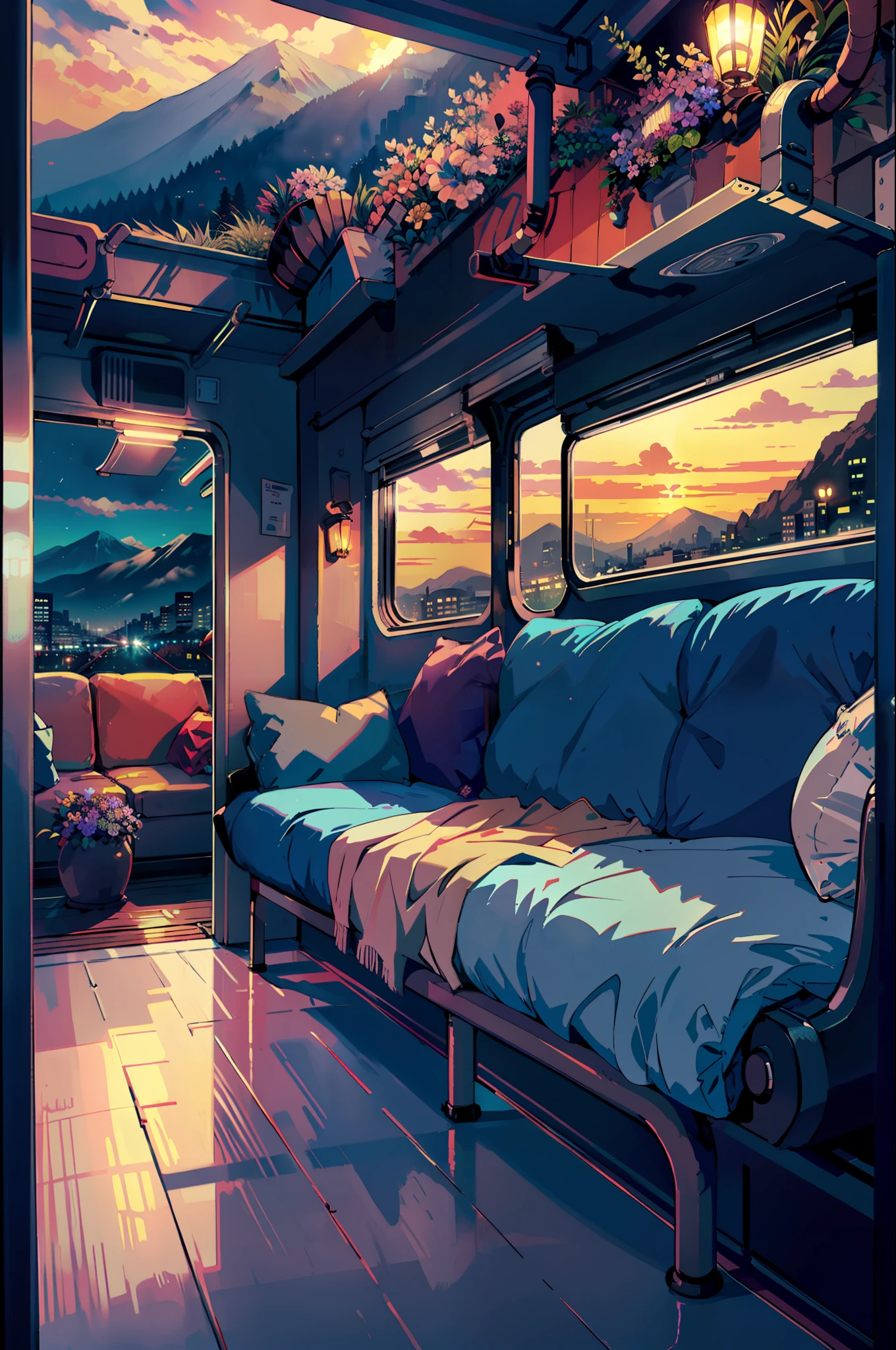 masterpiece, high quality, train, train compartment, exquisite interior, window view, bridge, sea, mountains, sunset, city, neon light, night, bed, sofa, pillows, sconces, flowers