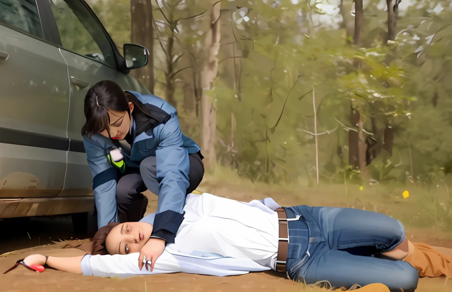 theatralic first-aid-drama, an outdoor scene in a town in the background, injury scene, a man has fallen and is lying injured on the ground, a girl is attending to the injured man on the ground, there is a beautiful and attractive girl kneeling in the grass close to a lying male soccer player, beautiful and attractive girl in a very high shine down coat, beautiful and attractive girl is giving treatment to a wounded man in a street, accident, first aid, help to a wounded man, first aid for an injured male, an injured man on the ground in matte jeans and cotton shirt, a man in jeans and shirt is lying on the ground wearing in intense pain, there is an injured man lying in pain on the ground and covering his agonised and suffering face with his hands, beautiful and attractive girl is giving a massage to an injured man who is lying in pain on the ground, beautiful and attractive girl is wearing very shiny waterproof clothes, dramatic action scene, hyperrealistic, photorealistic, photo, ultra realistic, theatralic pity pose, celebrating first aid, beautiful and attractive girl is looking very concerned and sad, beautiful and attractive girl has tears in her eyes, beautiful and attractive girl is shouting out angry