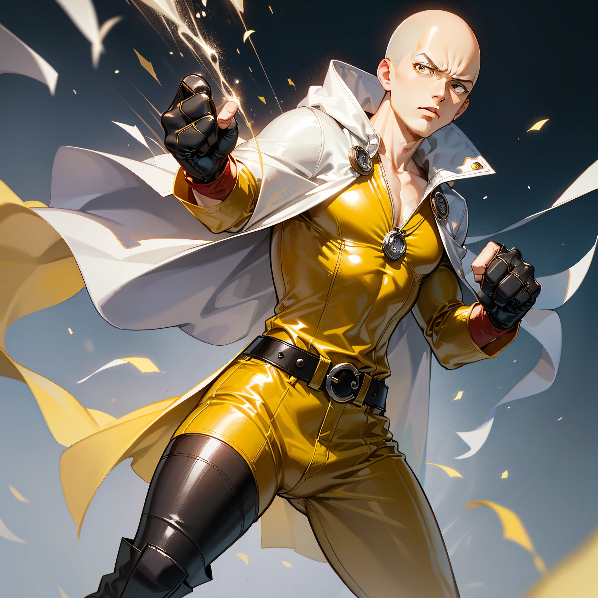 {{{Masterpiece}}}, {Very detailed CG Unity 8k wallpaper}, best quality, amazing, fine details, Saitama, Saitama in One Punch Man, bald head, young male, boy, handsome and resolute face, sharp eyes, ((yellow clothes, yellow trousers, jumpsuit)), (((white cape: 1.2))), (black belt, yellow medallion in the middle), (red leather boots, minimalist style, minimalist), (red leather gloves, long, minimalist style, five fingers)), Fighting stance, punching, fist style, wind, dust, momentum, movie shot, movie composition,