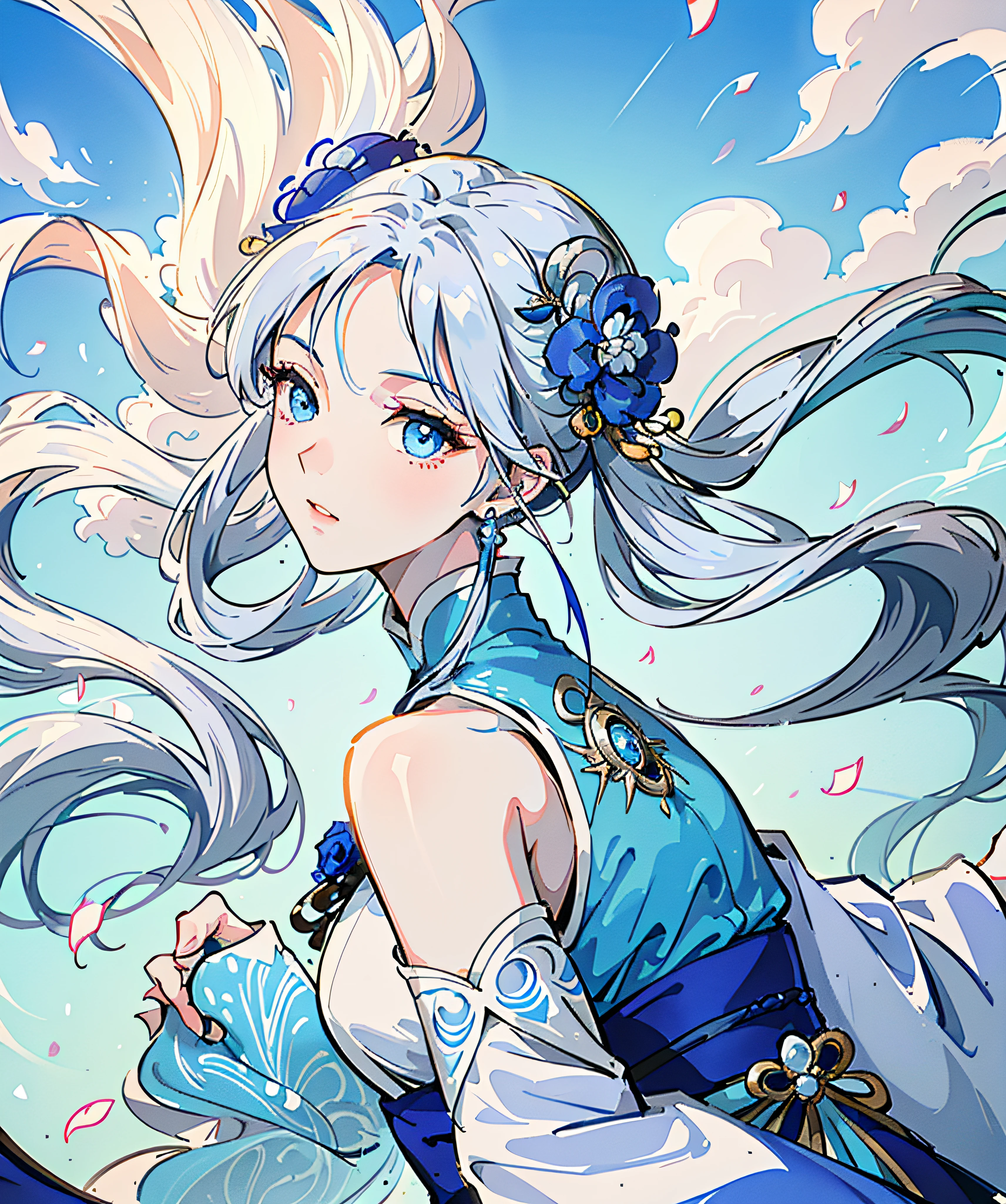 Mature girl, blue eyes, blue-white hair color, floating hair, delicate and flexible eyes, intricate damask Hanfu, gorgeous accessories, wearing pearl earrings, FOV, f/1.8, masterpiece, ancient Chinese architecture, blue sky, flower petals flying, front portrait shot, Chang'e, side lighting, sunlight on people, 8K