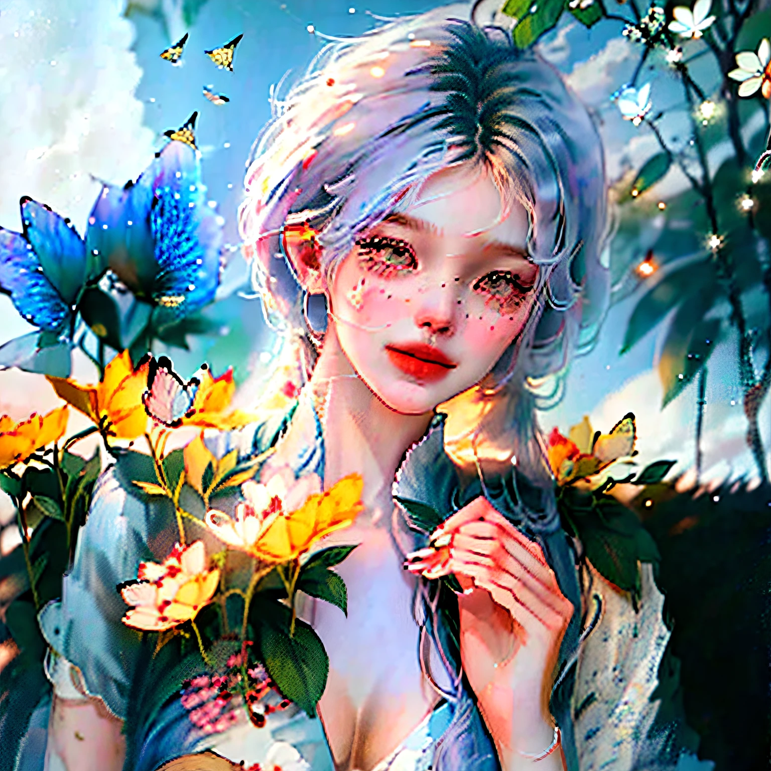 High Detail, Ultra Detail, Ultra High Resolution,8K, A cute and innocent girl enjoying her time in open fields, cleavage, surrounded by the beauty of nature, warm sun sprinkling on her, wildflowers gently swaying in the breeze. Butterflies and birds flutter around her, adding to the playful atmosphere, --auto --v6