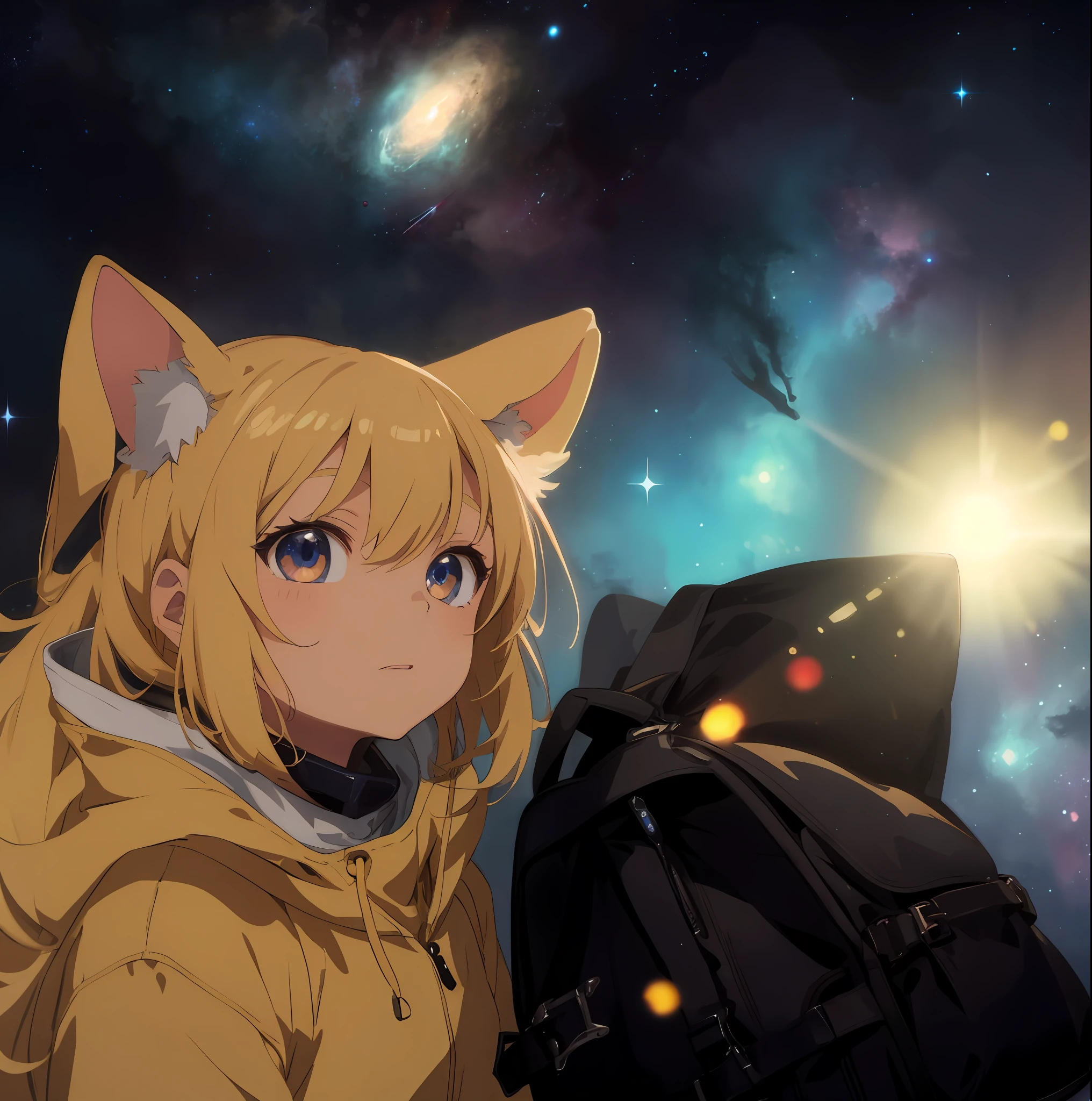 (Background is Nebula: 1.3), , Spacesuit, Background is Outer Space, Helmet, Spacewalk, Thick Eyebrows, (Huge Backpack: 1.5), (Dark Skin: 1.3), Brown Skin, Movie Lighting, Small, Rabbit Ears, (Masterpiece), ((Best Quality)), (Super Detailed), Shiny Skin, Full Body Anime Girl, Clean and Detailed Anime Face, High Resolution Anime Eyes, Five Fingers, Textile shading, perfect human structure, perfect anatomy,