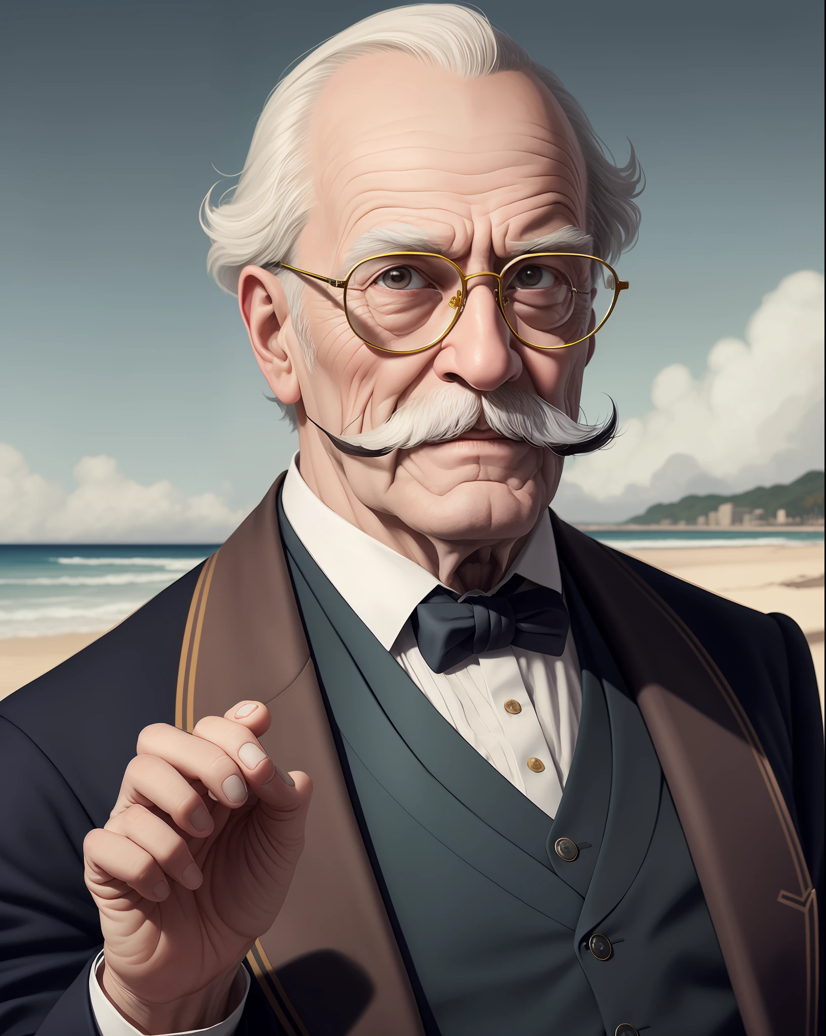 Hyper detailed painting of a confident cold old Victorian 1gentleman with an extravagant large straight symmetrical mustache, wearing juliet glasses, muted pastel color scheme, studio lighting, beach background,