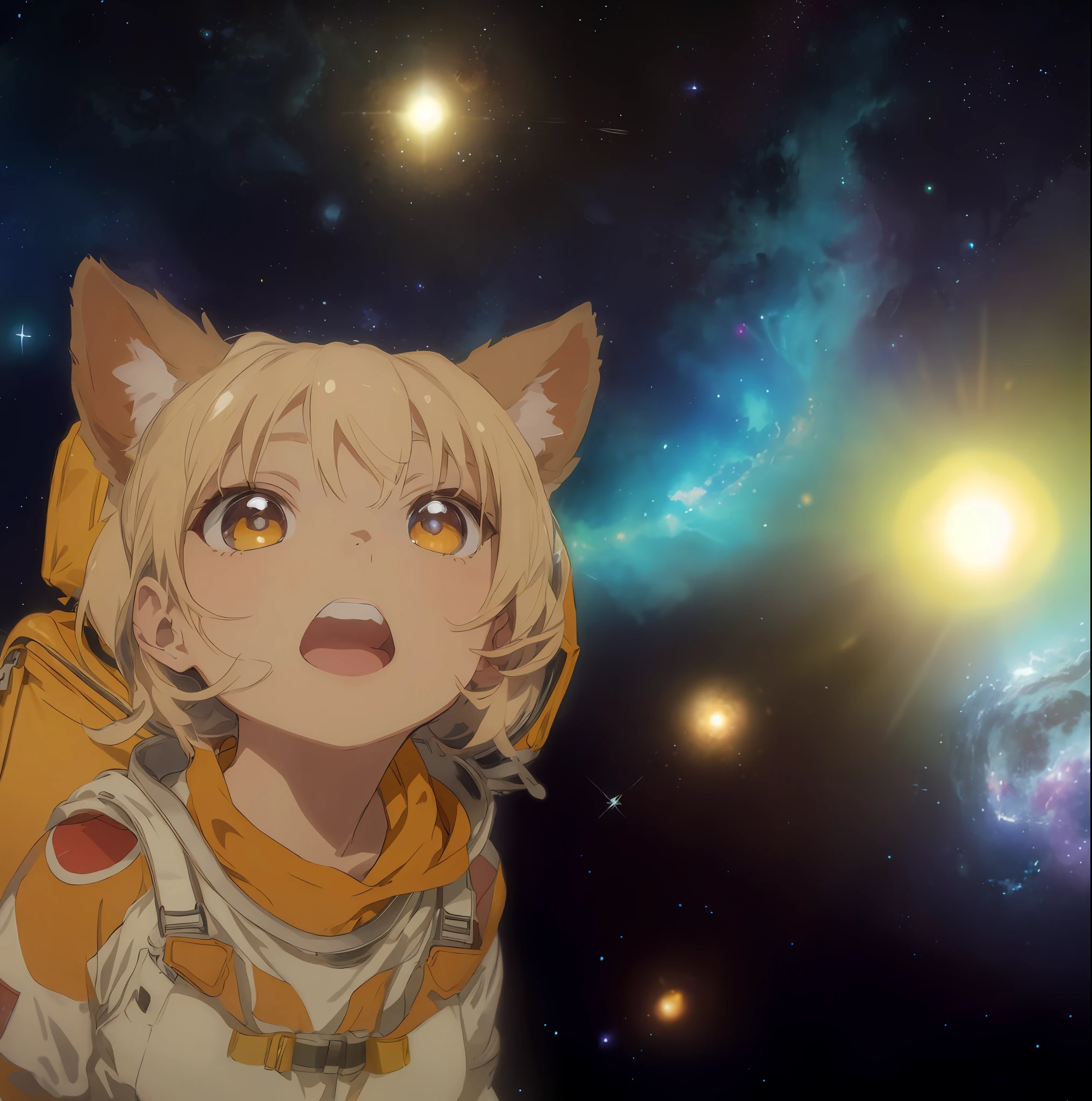 (Background is Nebula: 1.3), Child, Spacesuit, Background is Outer Space, Helmet, Spacewalk, Thick Eyebrows, (Huge Backpack: 1.5), (Dark Skin: 1.3), Brown Skin, Movie Lighting, Small, Rabbit Ears, (Masterpiece), ((Best Quality)), (Super Detailed), Shiny Skin, Full Body Anime Girl, Clean and Detailed Anime Face, High Resolution Anime Eyes, Five Fingers, Textile shading, perfect human structure, perfect anatomy,