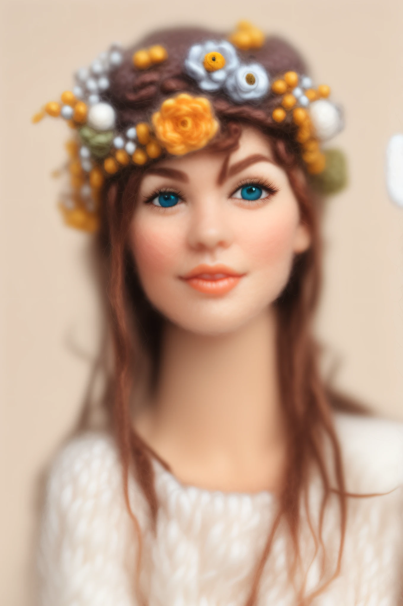 HD, (Best Detail) (Best Quality), Miniwool Style of an isometric view of a cute miniature bedroom, Made of wool, Product Photo, Fantastic Mr. Fox style, ((((cute)), glass eyes, with a woman wearing a flower crown on her head