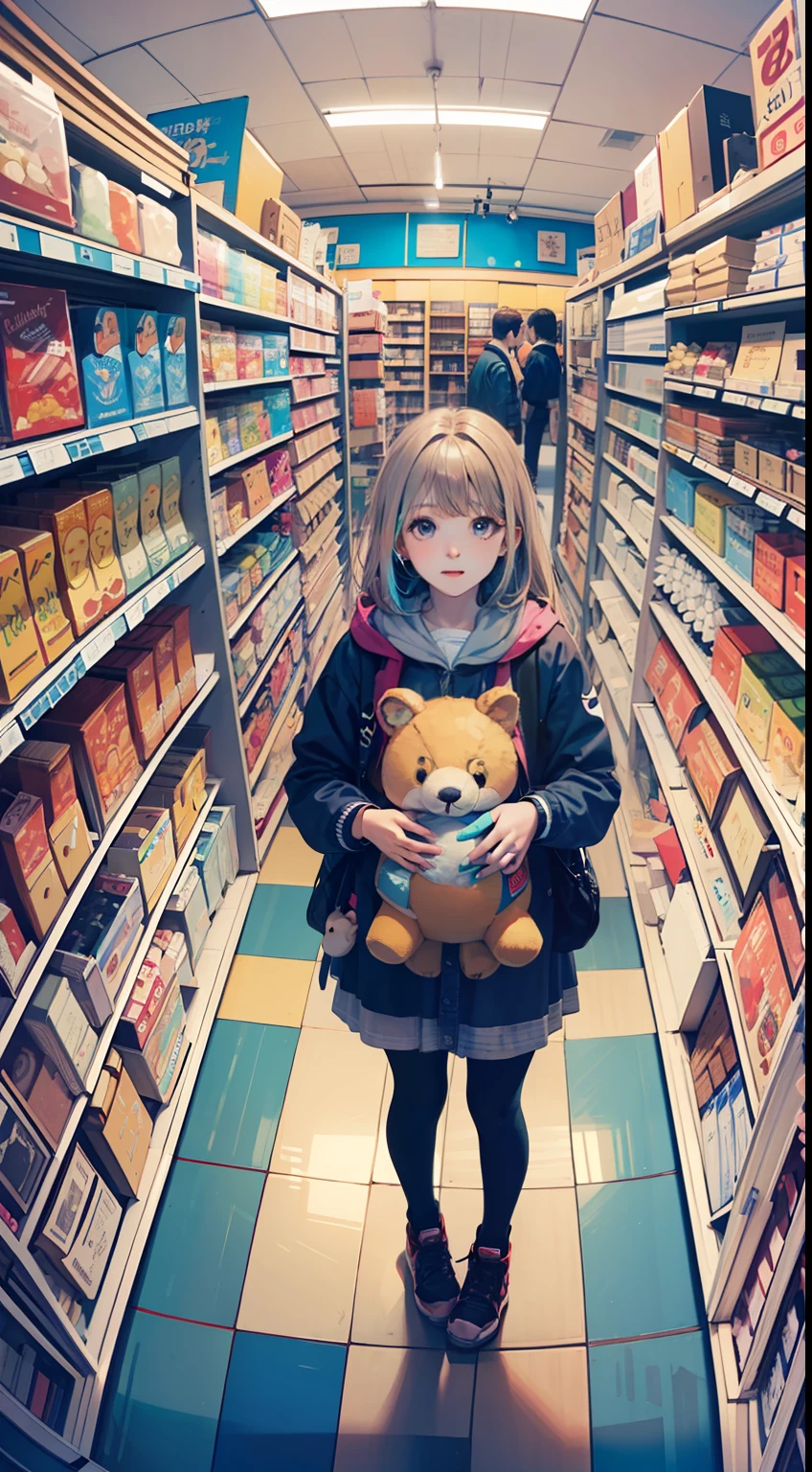 (masterpiece, best quality),(colorful:1.4),from above,solo,1girl standing in a store with lots of stuffed animals on the shelves and a bag of stuff,depth of field,fisheye lens,