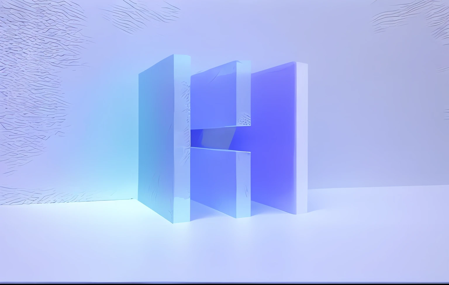 Geometric figures, 3D, ground-glass texture, diffuse wind, blue-violet gradient, translucent, refracted light, pure white background