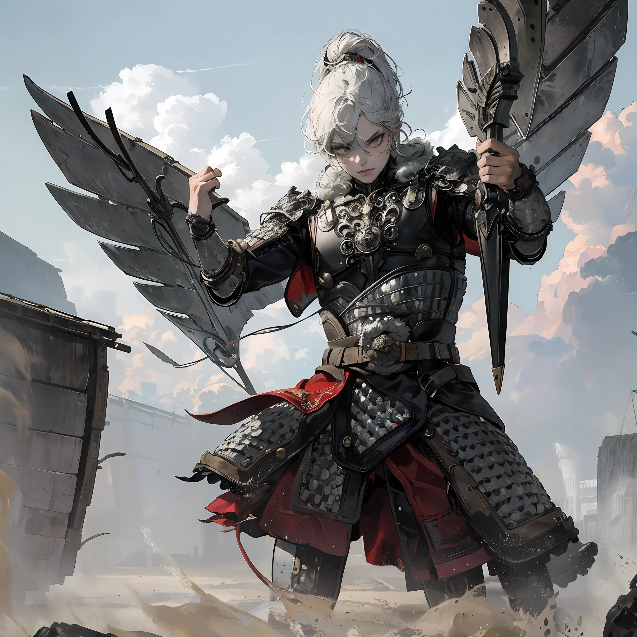 1 girl, gray pupils, textured skin, flowing clouds, epic weapons and scenes, floating hair, surrounding enemies, fight action, anger, upper body, look at the audience, best quality, 32k
