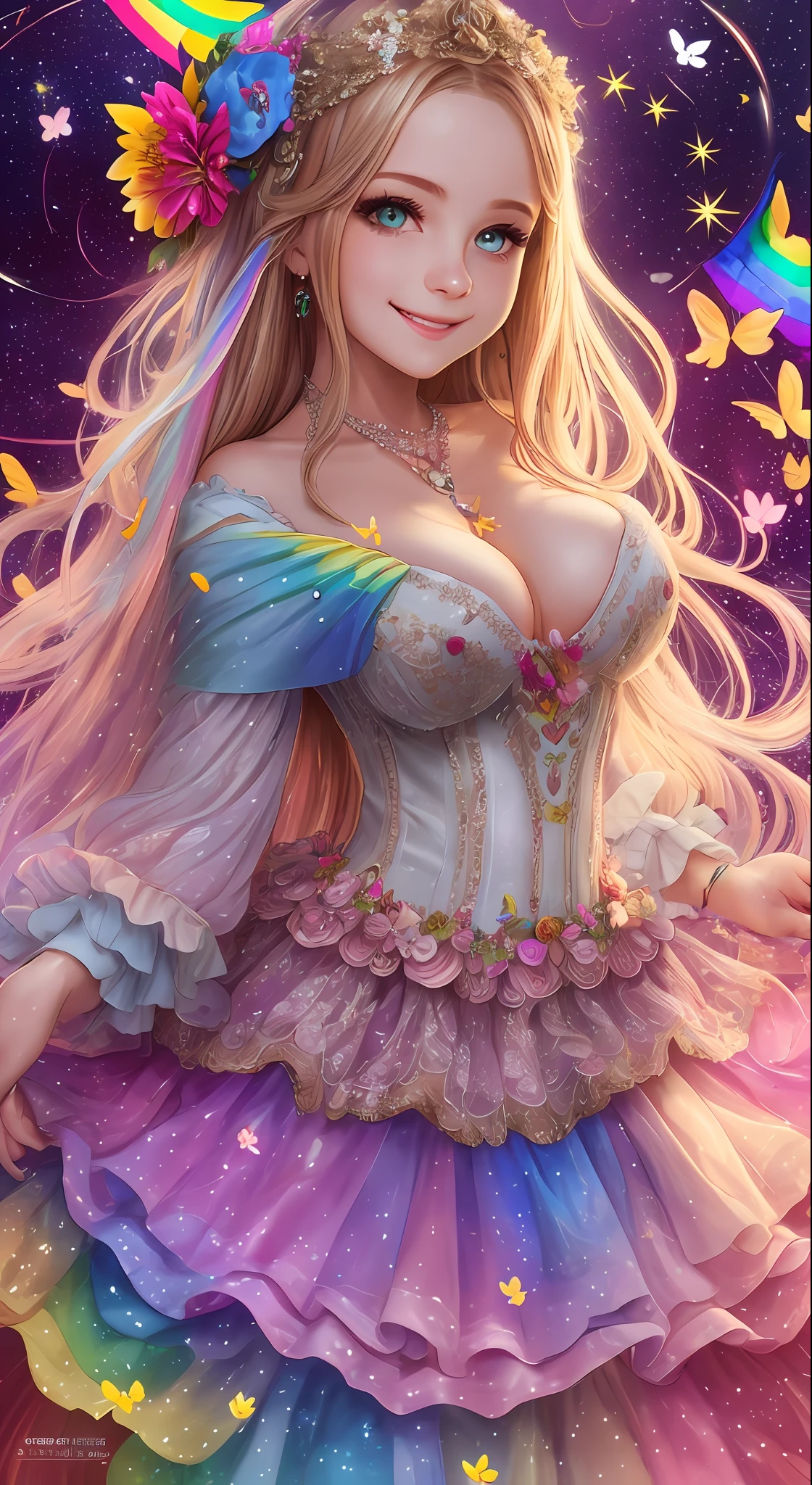  Ukrainian girl, psychedelic, super cute, beautiful facial features, hair accessories and necklace, huge Tits, rainbow wedding dress, petals, bubbles, glitter, stars, butterflies, 8K resolution, highest quality, highest quality, (Ultra HD), Super fine details, charming smile, Full body shot