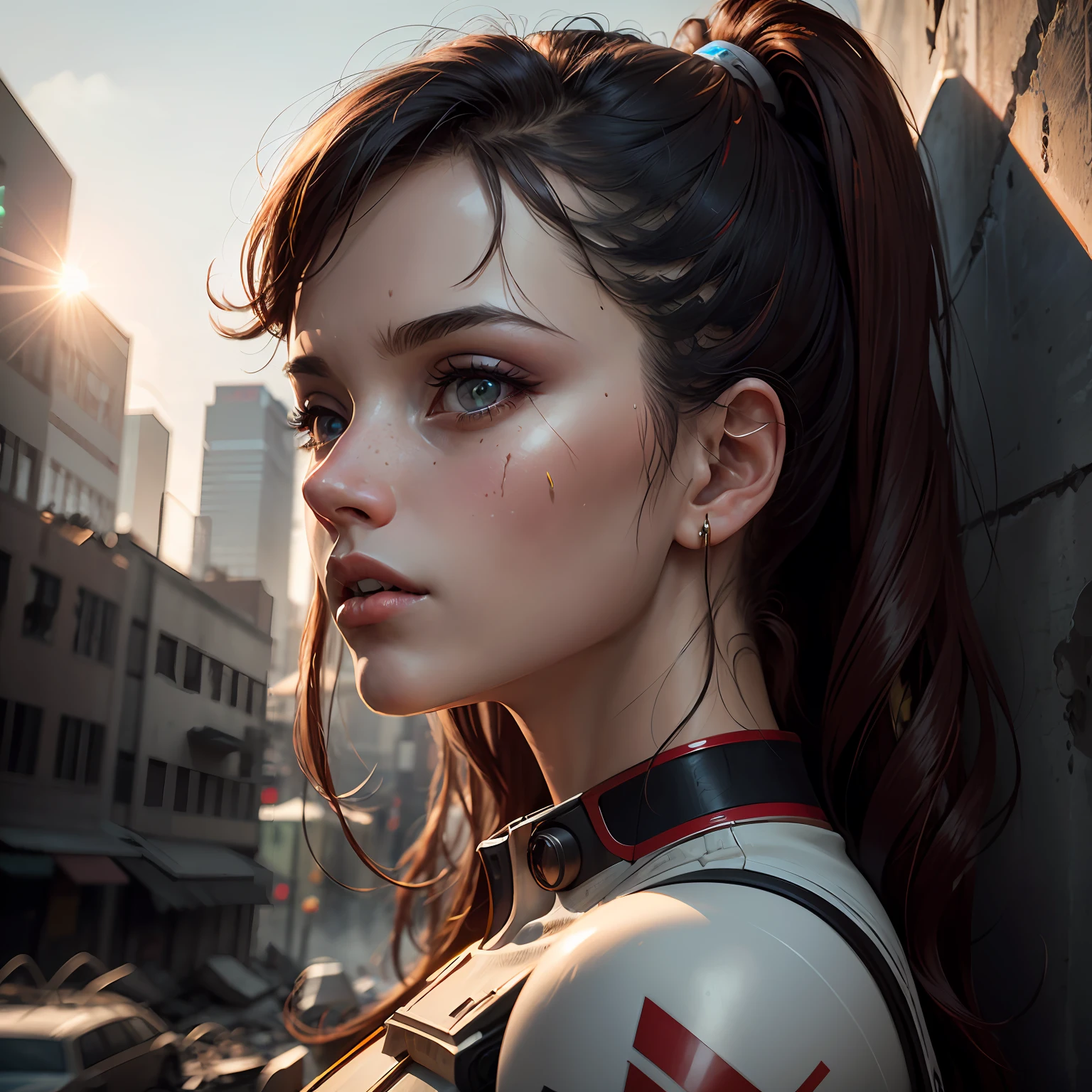 RAW, Masterpiece, Super Fine Photo,, Best Quality, Ultra High Resolution, Photorealistic Photorealism, Sunlight, Full Body Portrait, Amazing Beauty,, Dynamic Pose, Delicate Face, Vibrant Eyes, (From the side), She Wears Futuristic Gundam Mech, Red and Gold Color Scheme, Very Detailed Abandoned Warehouse Background, Detailed Face, Detailed Complex Busy Background, Messy, Gorgeous, Milky White, Highly Detailed Skin, Realistic Skin Details, Visible Pores, Sharp Focus, Volume Fog, 8K UHD, DSLR camera, high quality, film grain, fair skin, photorealism, lomography, huge metropolis in a future dystopia, seen from below, translucent --auto