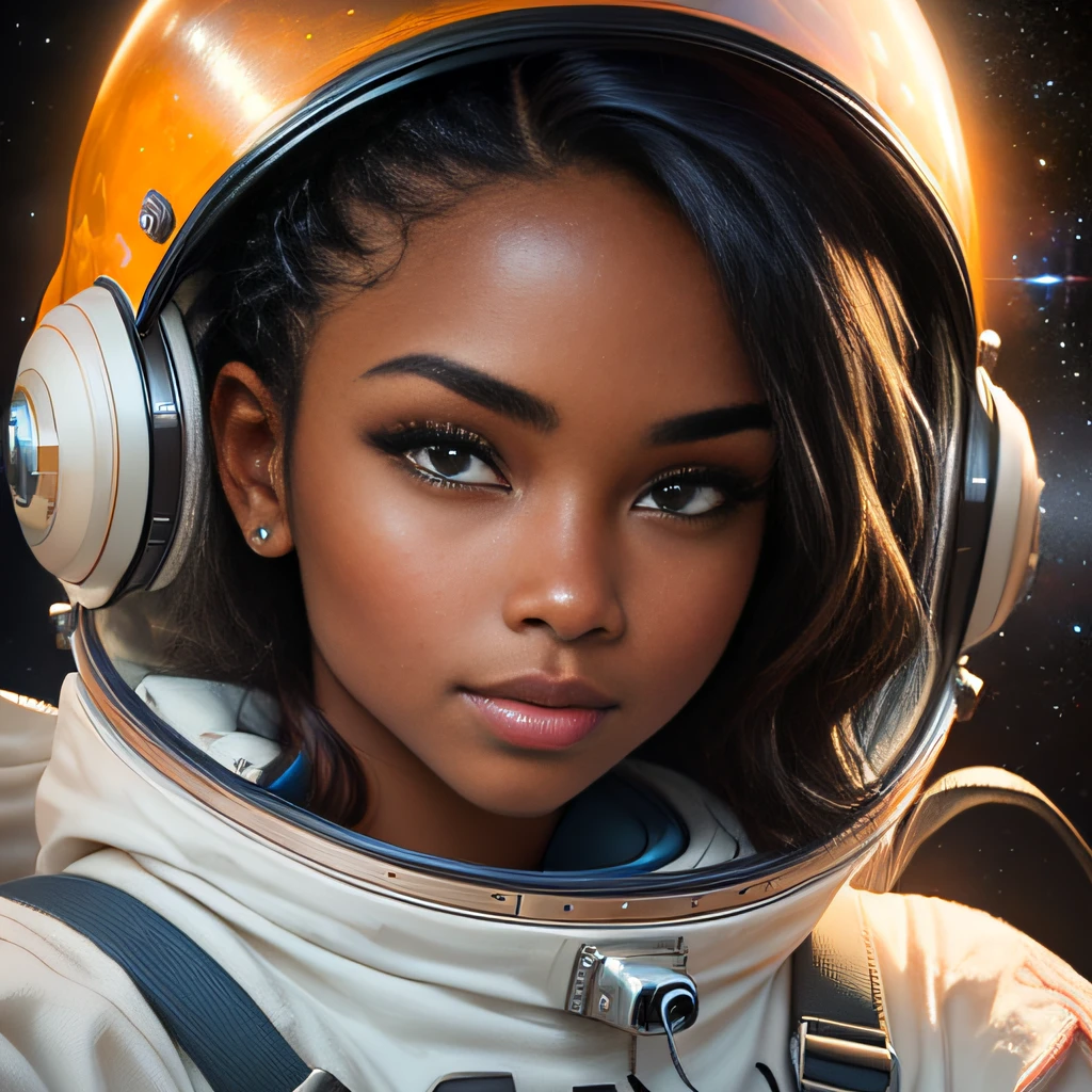 masterpiece, best quality, realistic, ultra detailed, sfw, head shot, a portrait of a fit black young woman wearing space helmet,