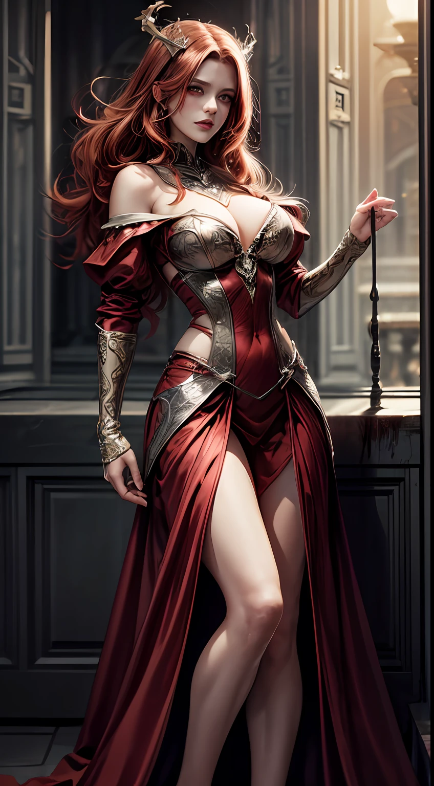 (ridiculous, high resolution, super detailed), vampire queen, sunset redhead, gorgeous medieval dress, full body, blood stains at the corners of the mouth, red eyes (eye detailed), great power appearance, bravery, enterprising and humanitarian, romantic