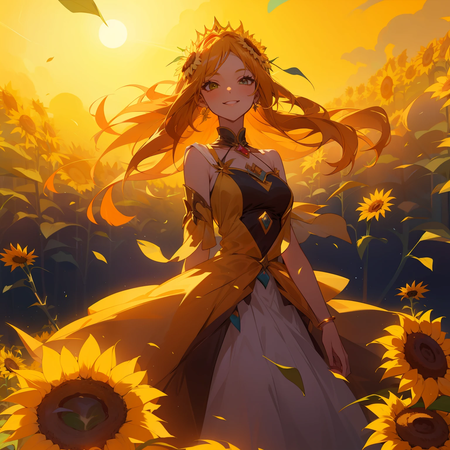 À la Fed image of a woman in a dress and sunflower, beautiful sunflower anime girl, smile, sun goddess, sun queen, sun goddess, summer goddess, Artgerm from art station pixiv, goddess of nature, fantasy art style,