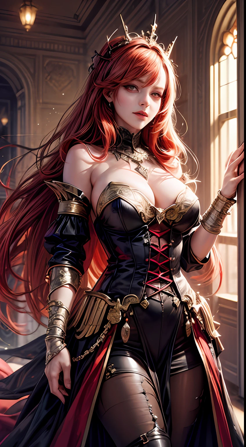 (ridiculous, high resolution, super detailed), vampire queen, sunset redhead, gorgeous medieval dress, full body, blood stains at the corners of the mouth, red eyes (eye detailed), great power appearance, bravery, enterprising and humanitarian, romantic