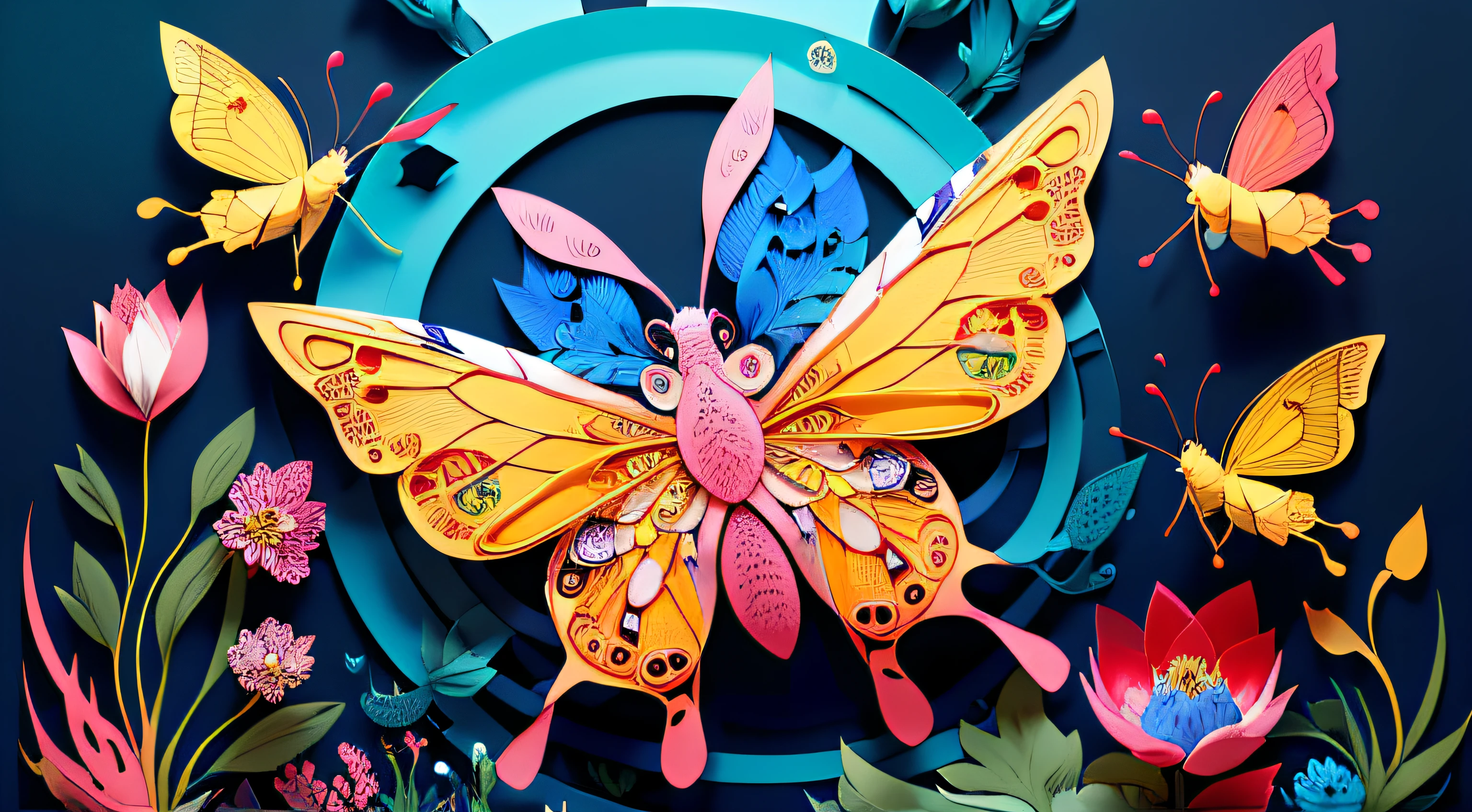 realistic, (best quality, masterpiece:1.3),illustration,big butterfly in the center , floating in dalias, cloudy sky, paper_cut, pattern, pink colors background