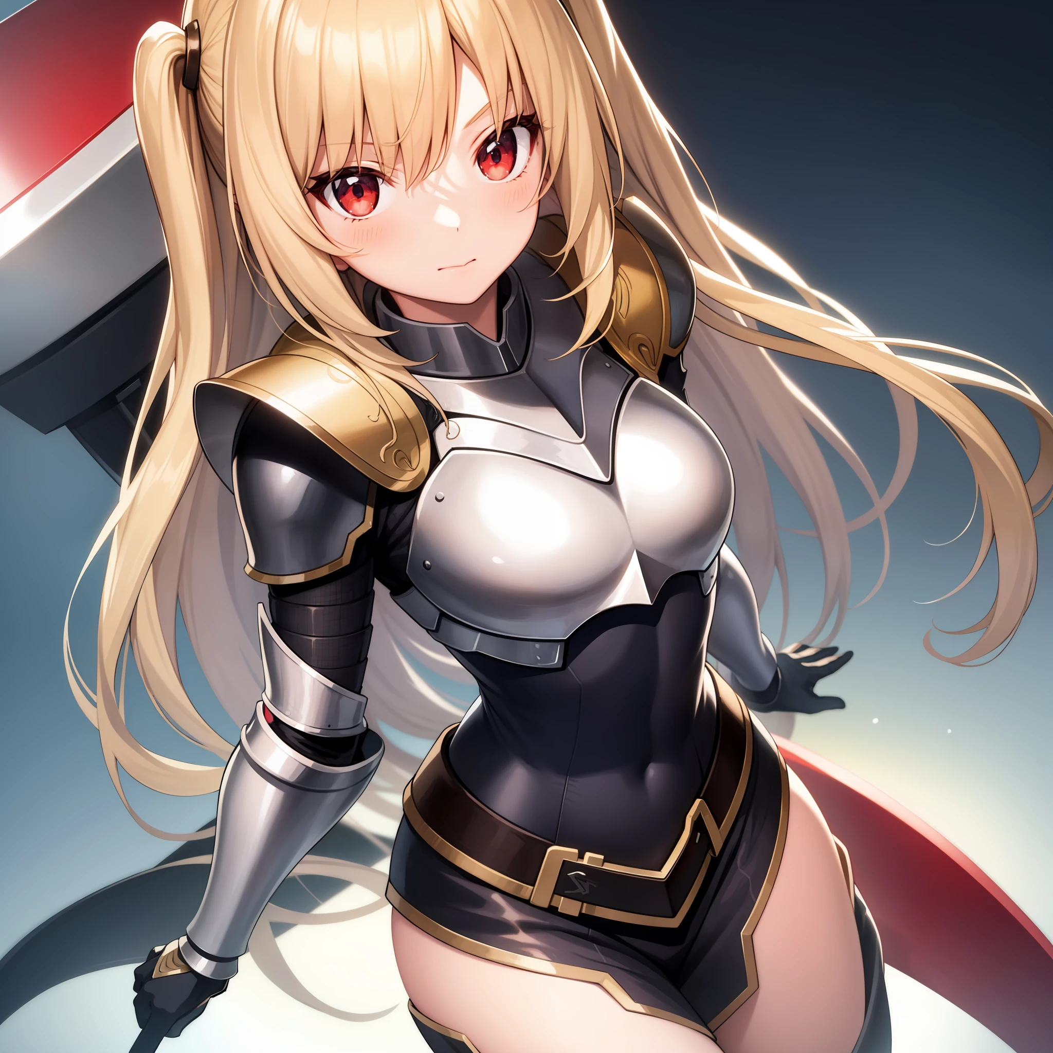 anime, girl 1, blonde, red eyes, solo, armor, shield