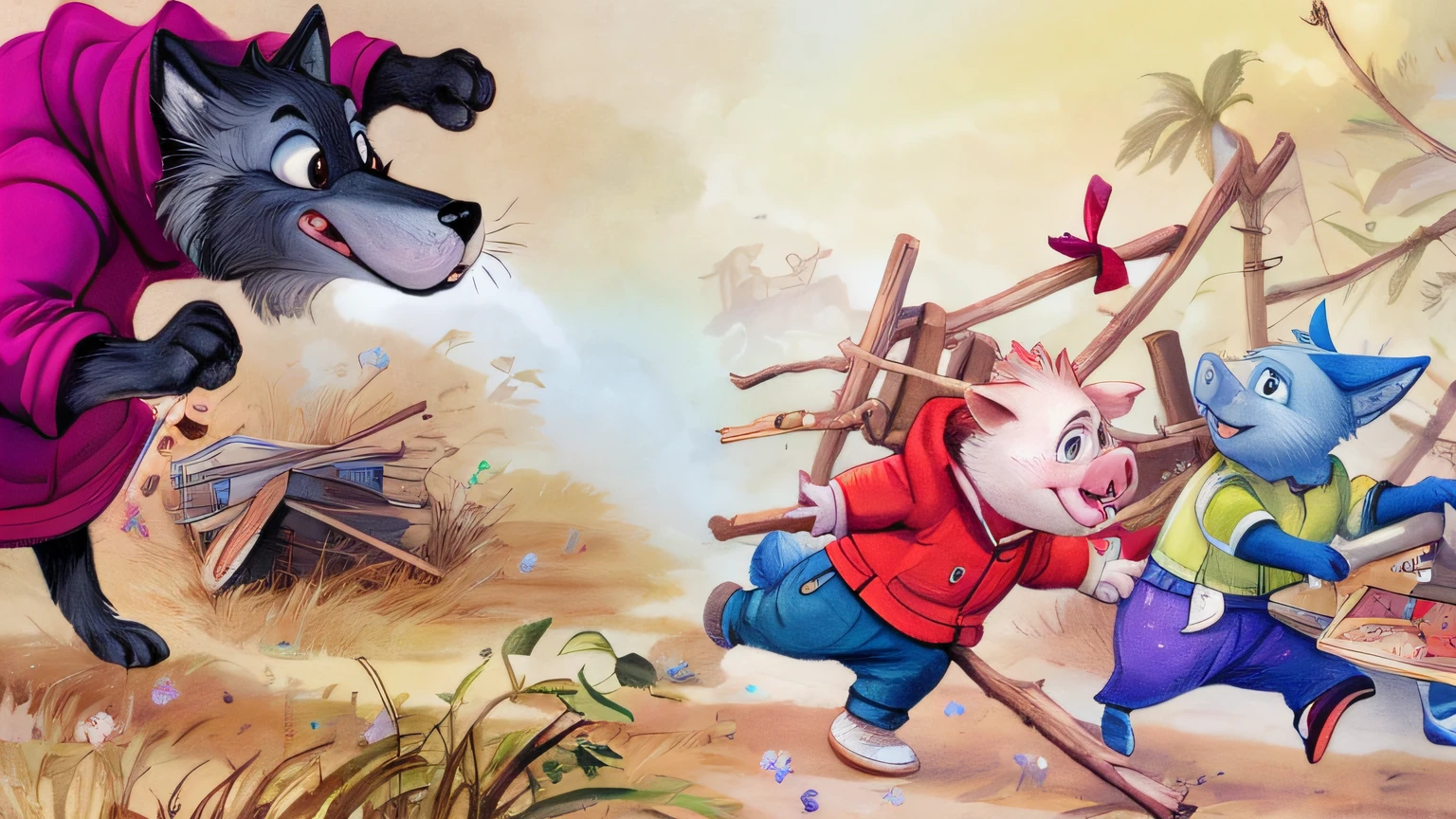 Painting pig and blue pig in the field chased by a wolf in an infrared jacket, the wolf blew away a lot of boards and sticks storybook illustrations, children's book illustrations, children's book illustrations, children's book illustrations, storybook illustrations, children's book illustrations, children's book illustrations, children's book illustrations, children's book illustrations, children's book illustrations, children's book illustrations, illustrations!