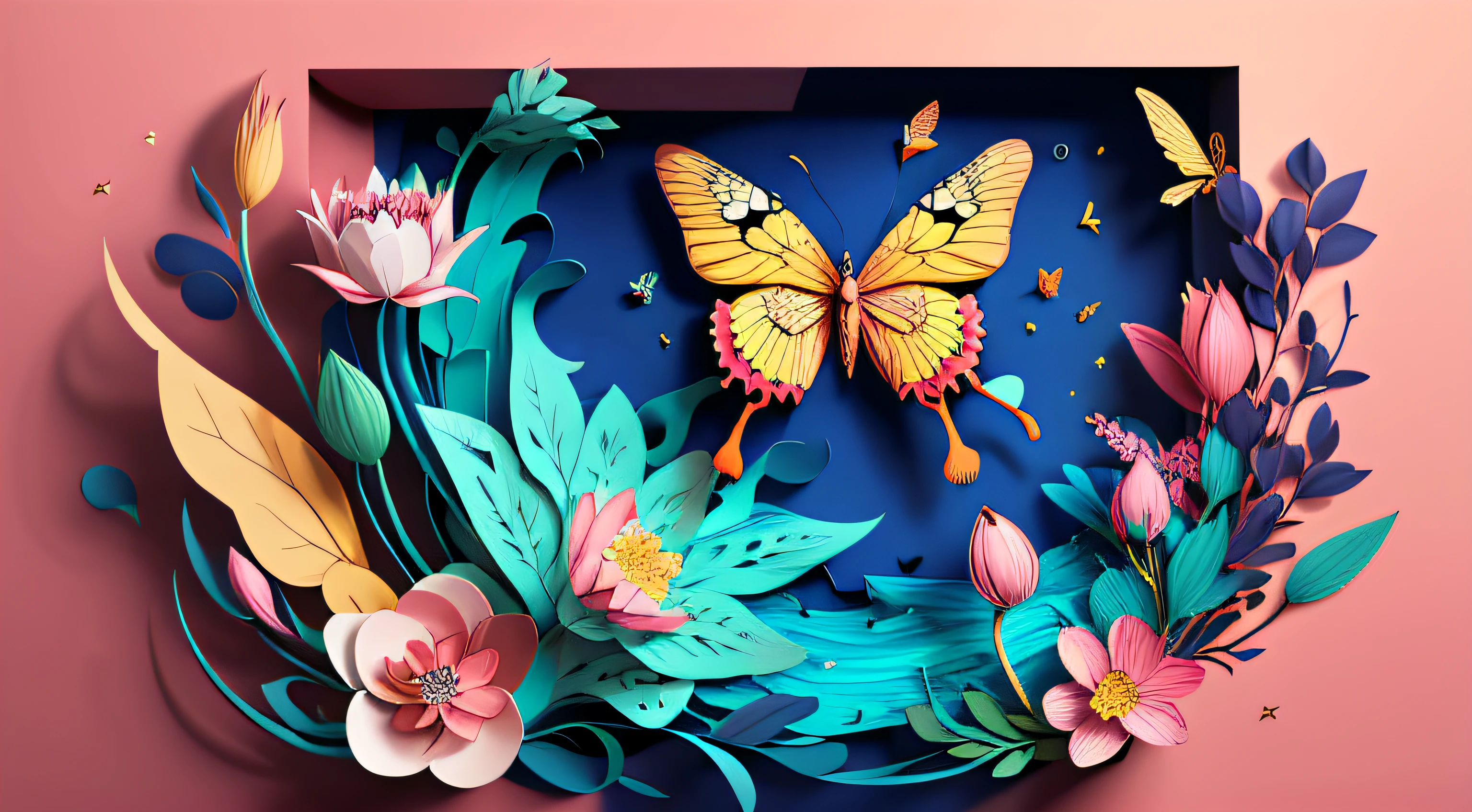 realistic, (best quality, masterpiece:1.3),illustration,big butterfly in the center , floating in dalias, cloudy sky, paper_cut, pattern, pink colors background