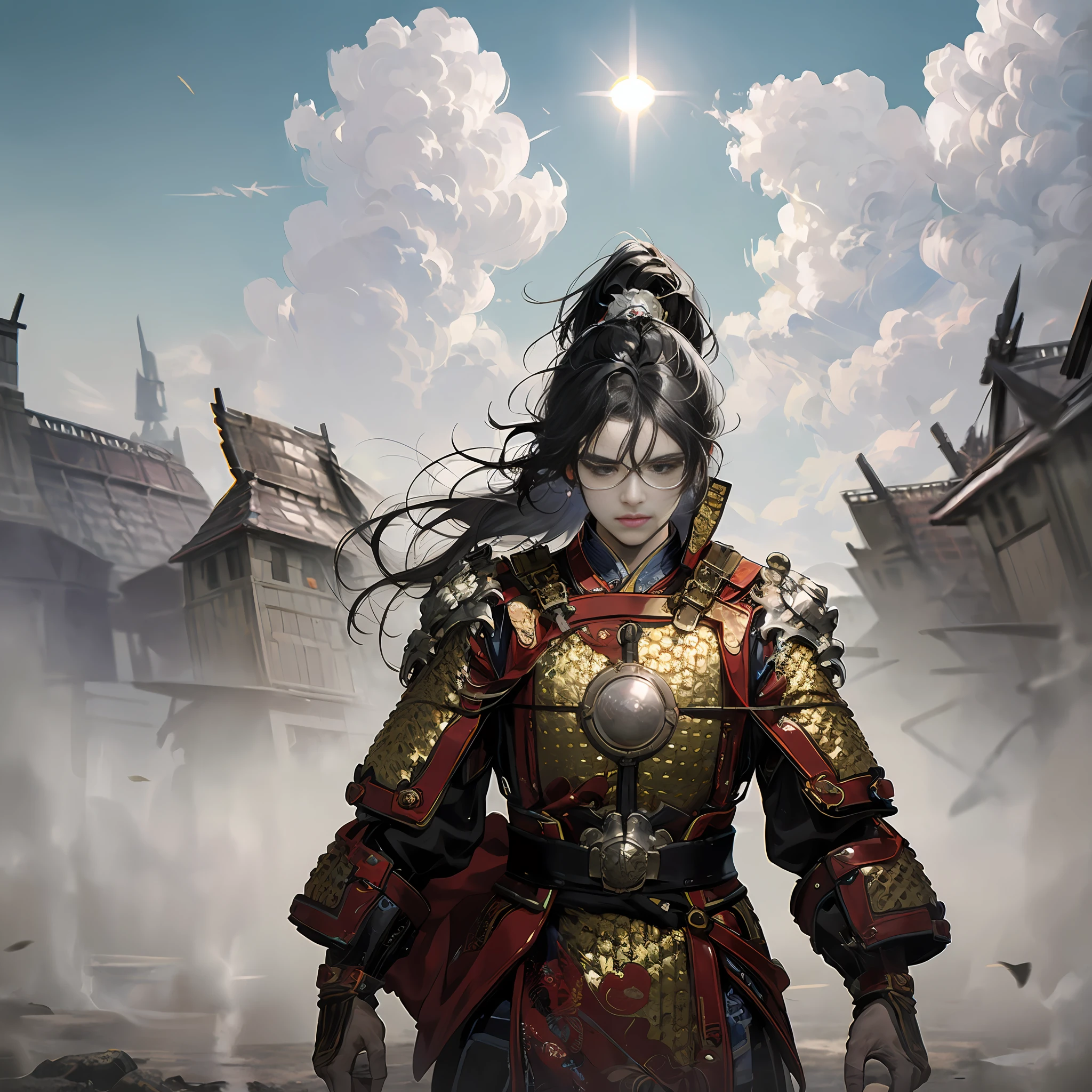 1 girl, textured skin, delicate face, flowing clouds, surrounded by enemies, fighting action, sword qi blaster, anger, wind, gunsmoke, motion blur, panorama, looking at the audience, best quality, 32k