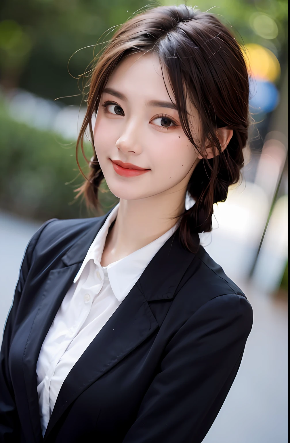 ((Top Quality, 8K, Masterpiece: 1.3)), Sharp: 1.2, Perfect Body Beauty: 1.4, Slim Abs: 1.2, (((Layered Hairstyles, Big)), Uniform, Blazer Uniform, (Rain, Street: 1.2), Wet: 1.5, Highly Detailed Face and Skin Texture, Detailed Eyes, Double Eyelids, Aspect Looking at the Camera, Smile