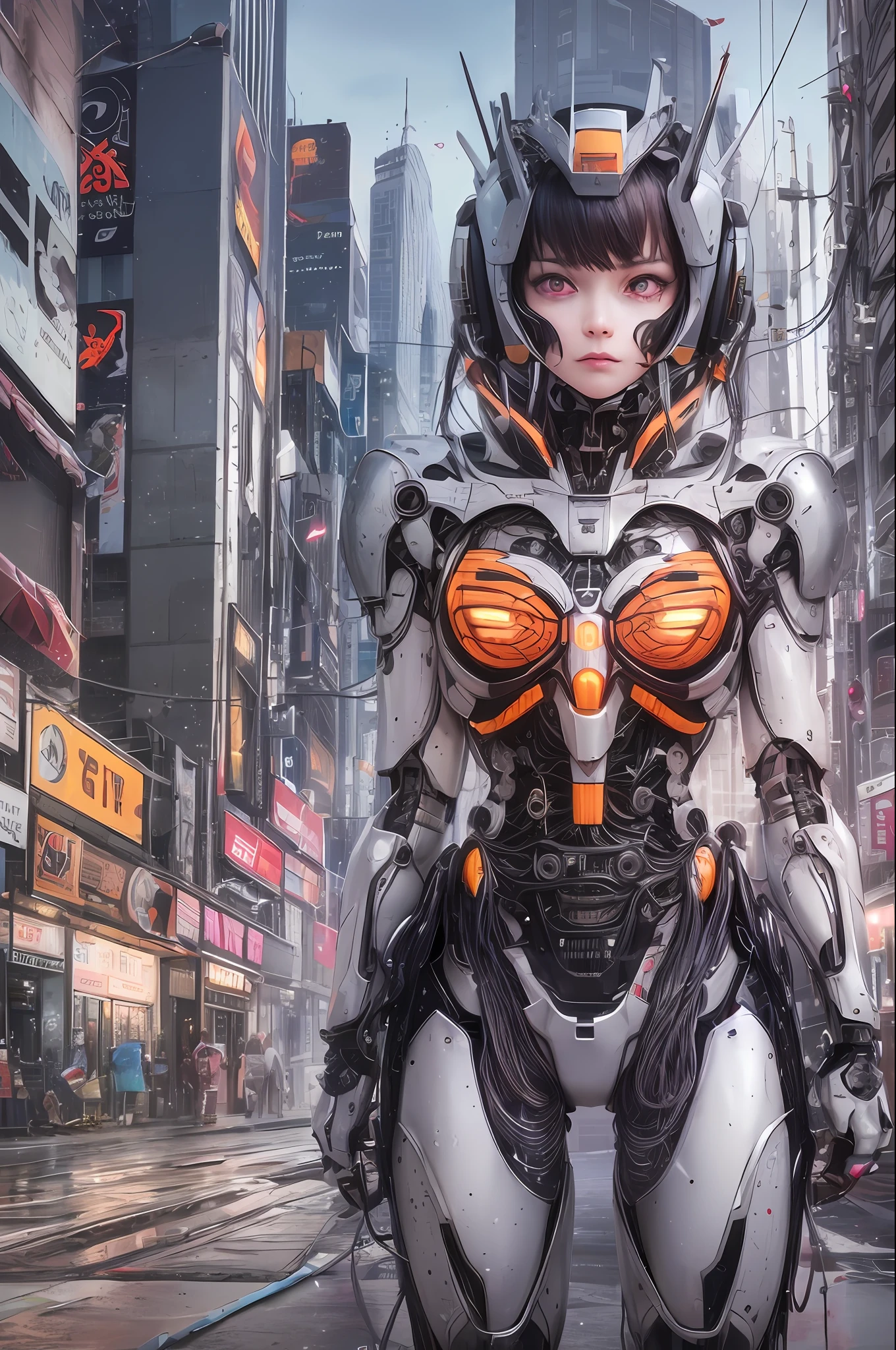 Top quality, masterpiece, ultra high resolution, (photorealistic: 1.4), raw photo, futuristic town perspective, futuristic skyscrapers, girl standing on a futuristic street corner, black hair, shiny skin, 1 Gundam girl, (((ultra-realistic details)), sidmead-style mecha design, portrait, global illumination, shadow, octane rendering, 8K, Ultra Sharp, Big, Cleavage Exposed Raw Skin, Metal, Intricate Ornamental Details, Headset, Hydraulic Cylinder, Very Intricate Details, Realistic Light, CGSoation Trend, Purple Eyes, Glowing Eyes, Facing the Camera, Neon Details, Mechanical Limbs, Blood Vessels Connected to Tubes, Mechanical Vertebrae Attached to the Back, Mechanical Cervical Attachment to the Neck, sitting, wires and cables connecting to the head, Gundam suit, cyberpunk, small LED lamps,