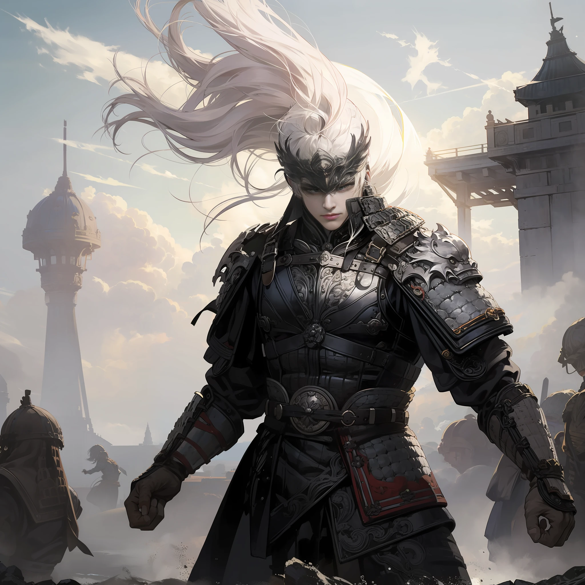 1 girl, gray pupils, textured skin, flowing clouds, epic weapons and scenes, floating hair, surrounding enemies, fight action, anger, upper body, look at the audience, best quality, 32k