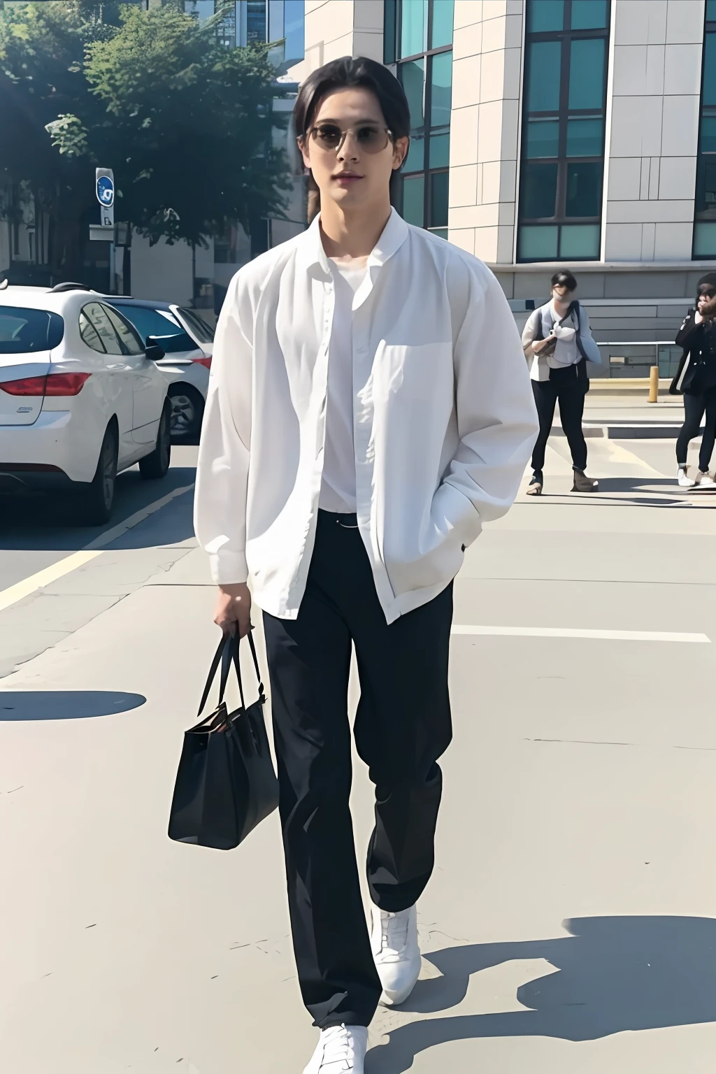 A man walking with bags in hand, street, paparazzi footage, sunny weather, video screenshot