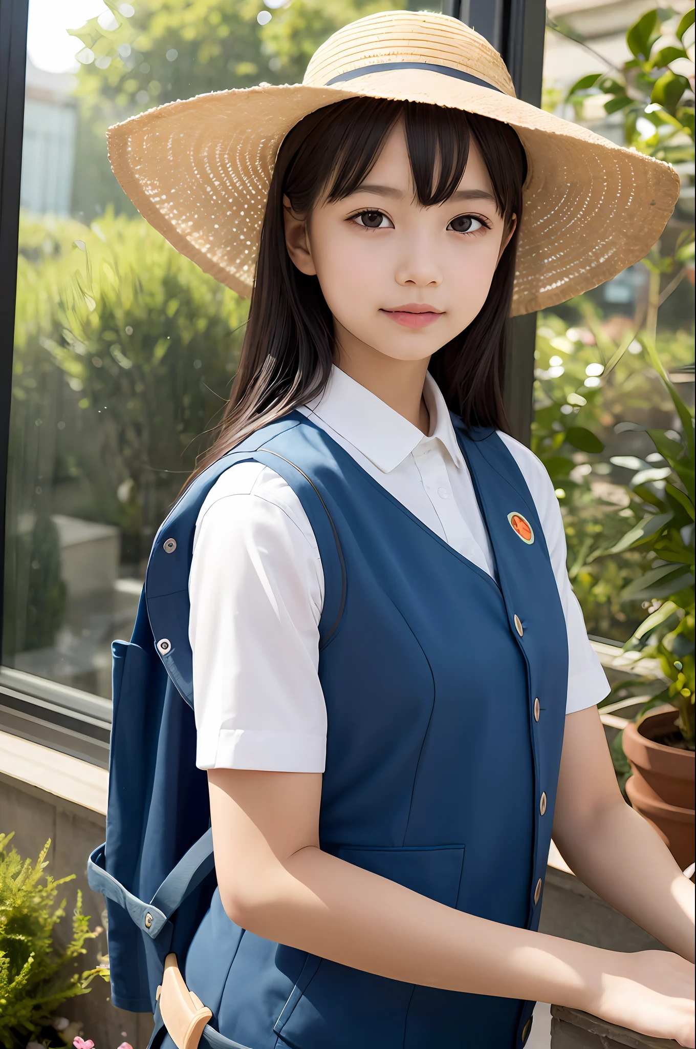 children, buggy, vest, sun hat, photo, realistic, best quality, detailed face, garden, building outside window, detailed background, diffused sunlight, depth of field, background bokeh
