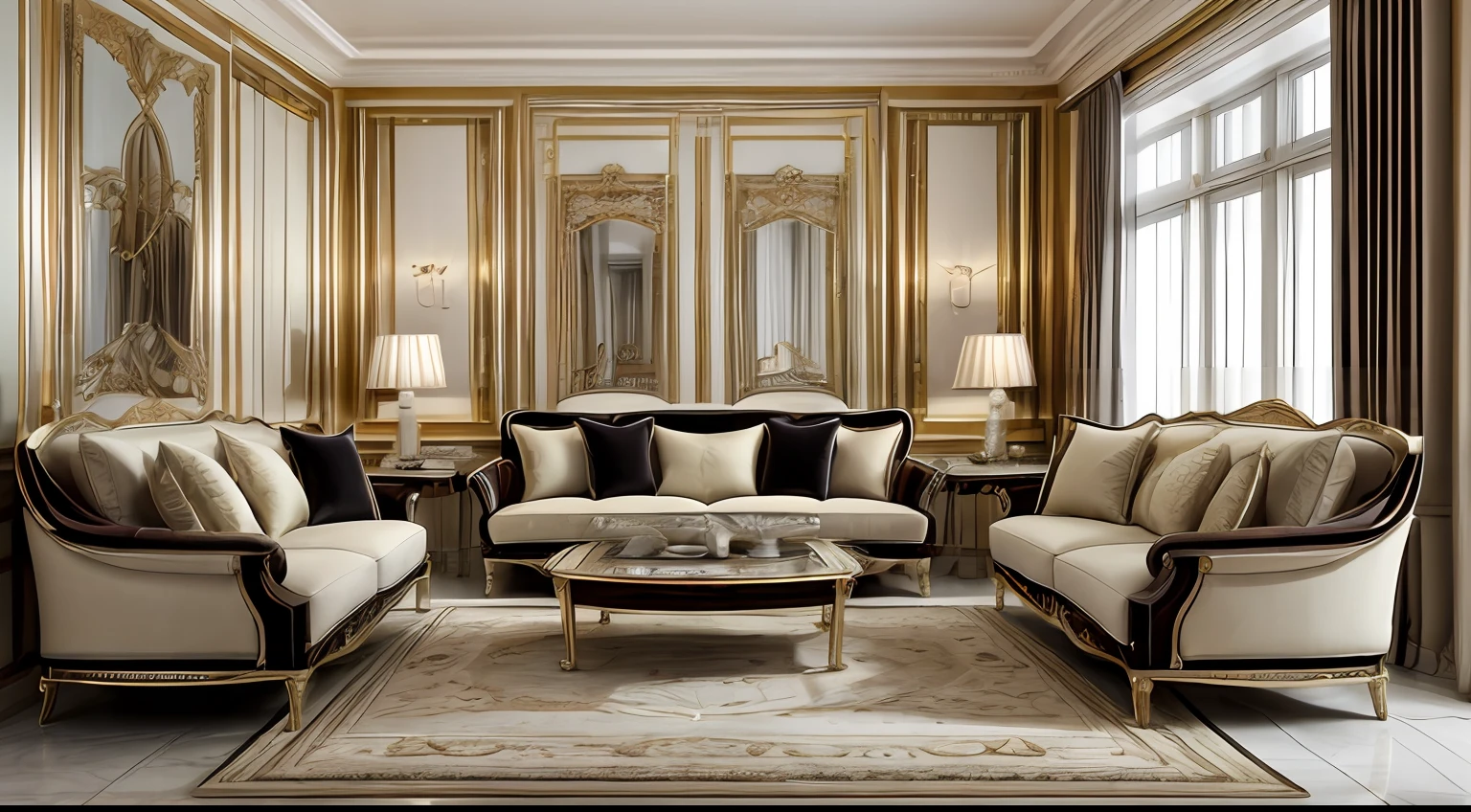 Interior Design, French design style, white, gold, dark wood-based colors, noble and elegant aristocratic atmosphere, romantic,living room, sofa, table, chair, furniture,master design, high-end design, 8k,Bright,