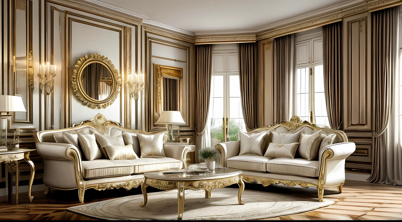 Interior Design, French design style, white, gold, dark wood-based colors, noble and elegant aristocratic atmosphere, romantic，living room, sofa, table, chair, furniture,master design, high-end design, 8k，Bright,