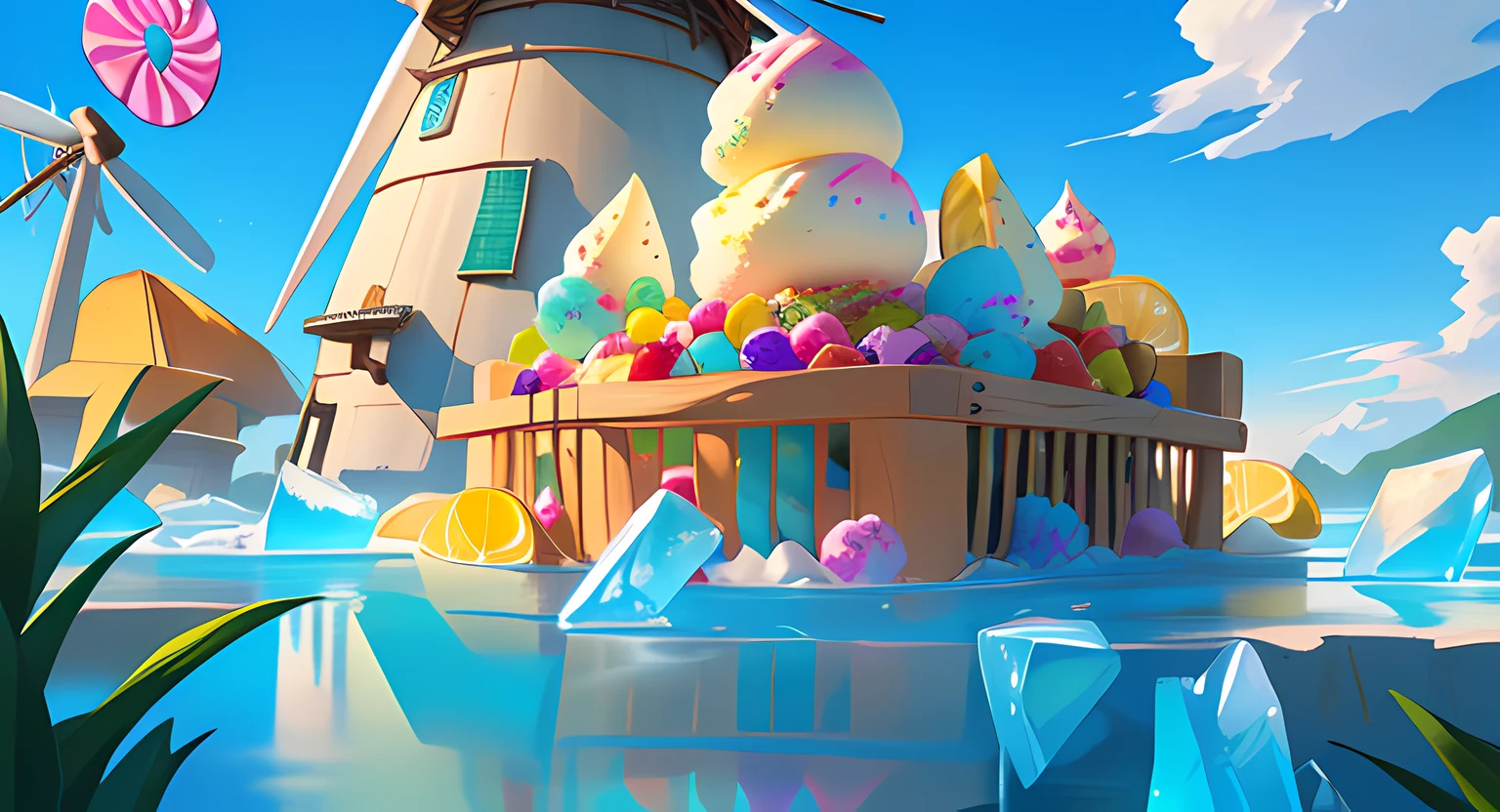 Cartoon style game scene, dusk white clouds, sky, childlike happy atmosphere, the whole picture is bright yellow as the main color, colorful colors, (ice cream), (candy), (fruit), close view river water, cartoon cute ice cream, card ventilator, candy world, lemon windmill, fairy tale world, ultra HD, master masterpiece, best quality, realistic lighting, masterpiece, high quality, beautiful graphics, global illumination, (HDR:1.3), best quality, 8k, perspective, depth of field, high resolution,