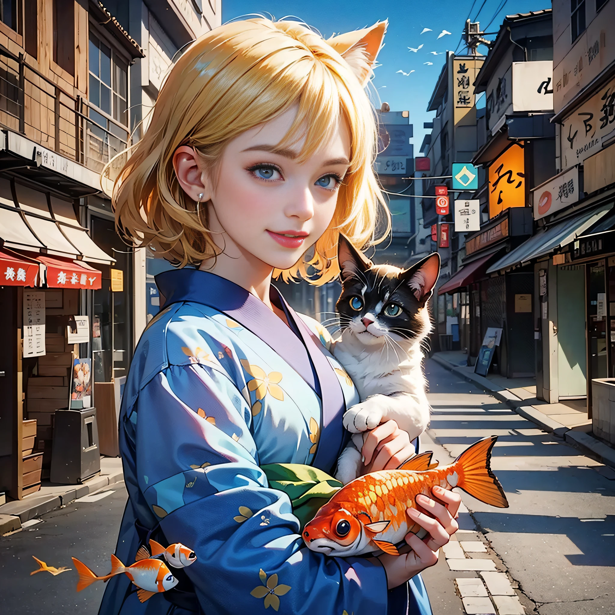 {{masterpiece, best quality, extremely detailed CG, unity 8k wallpaper}}, 20th century, Japan, Tokyo's downtown, girl, hold, cat, smiling, lovely face, blonde, short bob, medium-sized bust, slim waist, yukata with goldfish pattern, detailed eyes, blue eyes, double eyelids, long eyelashes, Demekin fish flying around, cinematic lighting,