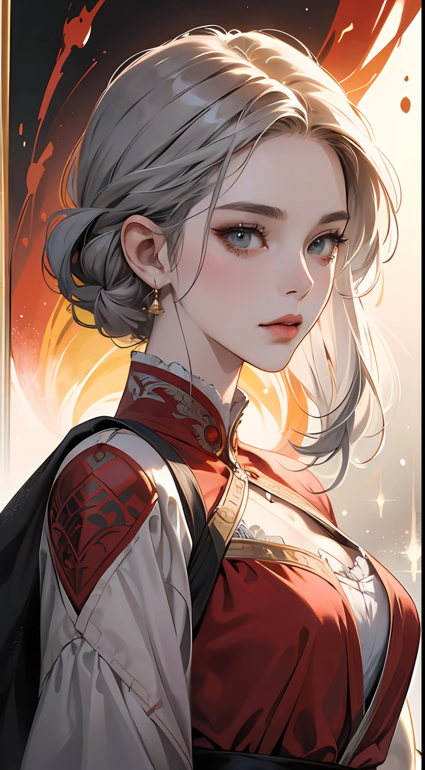 A painting of a woman with gray hair and an orange top, stunning anime face portrait, beautiful character painting, beautiful anime portrait, her image is rendered by red paint, presenting a stunning effect. The painting is very detailed, depicting women's faces and clothing. Her face has a creamy dripping effect, which makes the whole face more vivid. She wears a beautiful detailed outfit with pale gray hair. The proportions are accurate, and the costumes of the female characters are traditionally dressed, showing a classical charm.