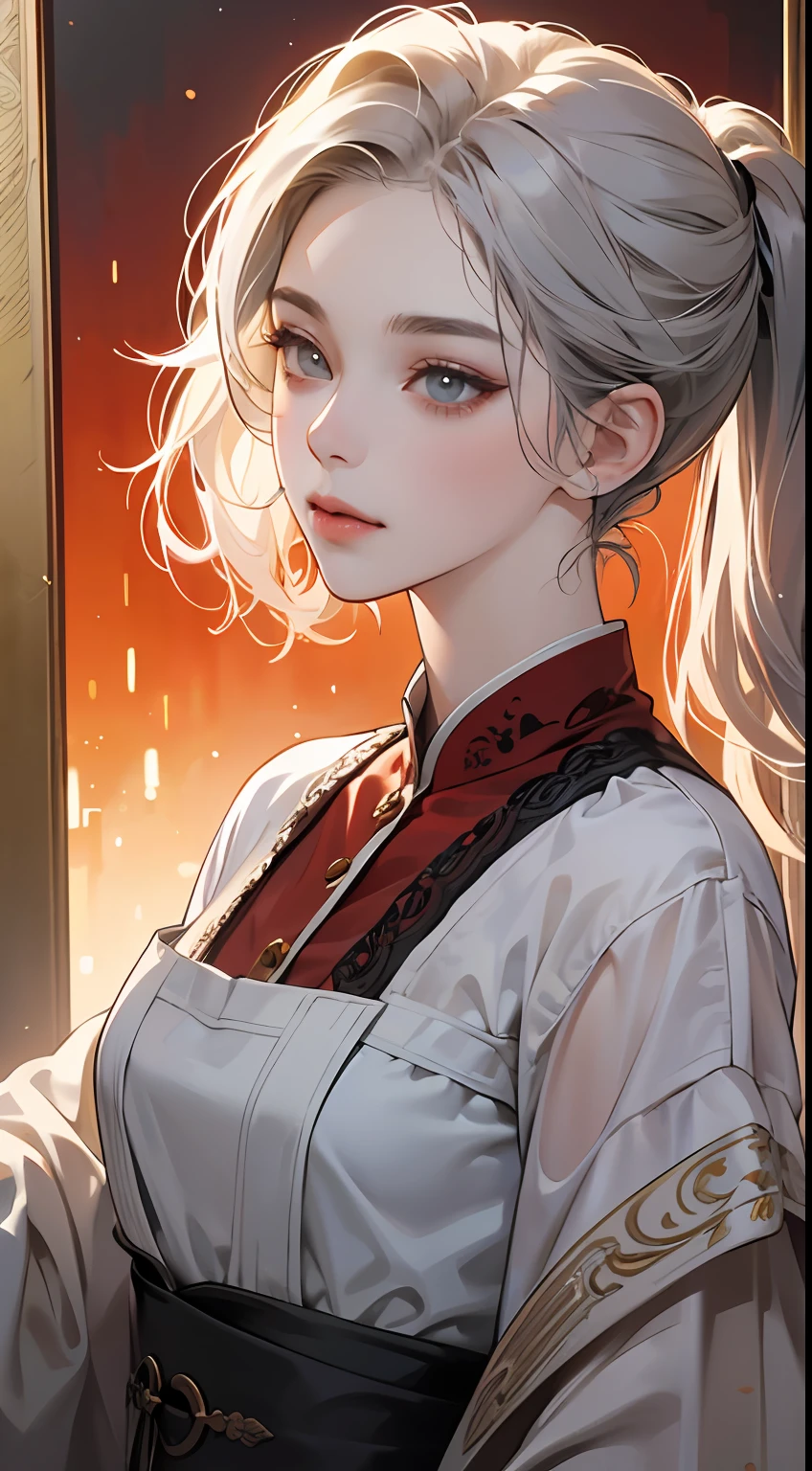 A painting of a woman with gray hair and an orange top, stunning anime face portrait, beautiful character painting, beautiful anime portrait, her image is rendered by red paint, presenting a stunning effect. The painting is very detailed, depicting women's faces and clothing. Her face has a creamy dripping effect, which makes the whole face more vivid. She wears a beautiful detailed outfit with pale gray hair. The proportions are accurate, and the costumes of the female characters are traditionally dressed, showing a classical charm.