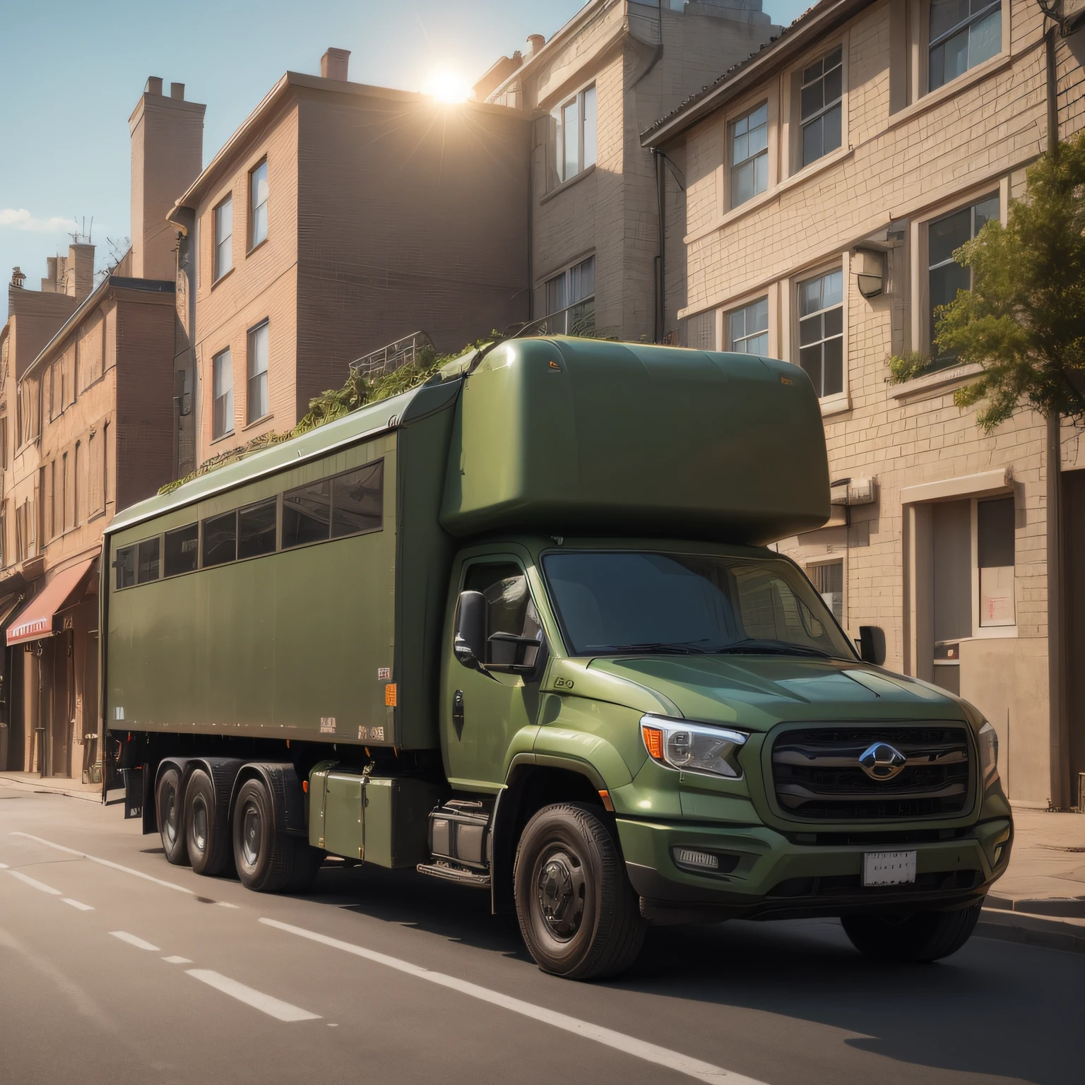Several green military transport vehicles drove into a high-end community, the morning sun, the comic style