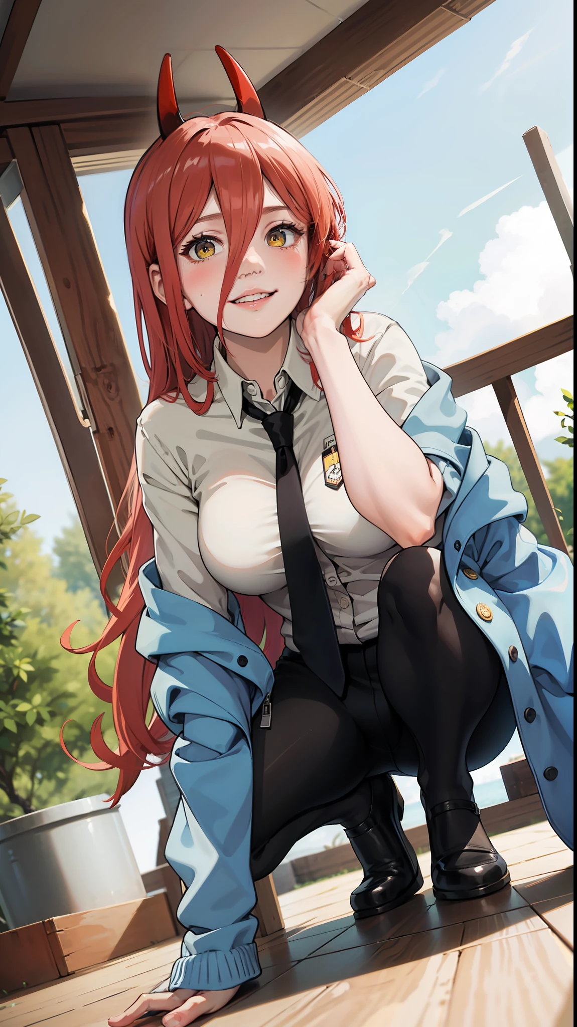 yellow shirt, long skirt, black skirt, pleated skirt, dark-skinned female, dark skin, red hair, yellow eyes, detailed eyes, high detail, bokeh, forest, day, daylight, masterpiece, 8k, high resolution, highest resolution, long hair, pink hair, multicolored hair, arms behind back, looking at viewer, upper body, smile, parted lips, blush, steam, 1girl, solo, ((collared shirt)), ((red jacket)), open jacket, medium breasts, detailed lips, leather jacket, lake, ahoge, partially unbuttoned, cleavage, collarbone, black bra, buttoned shirt,