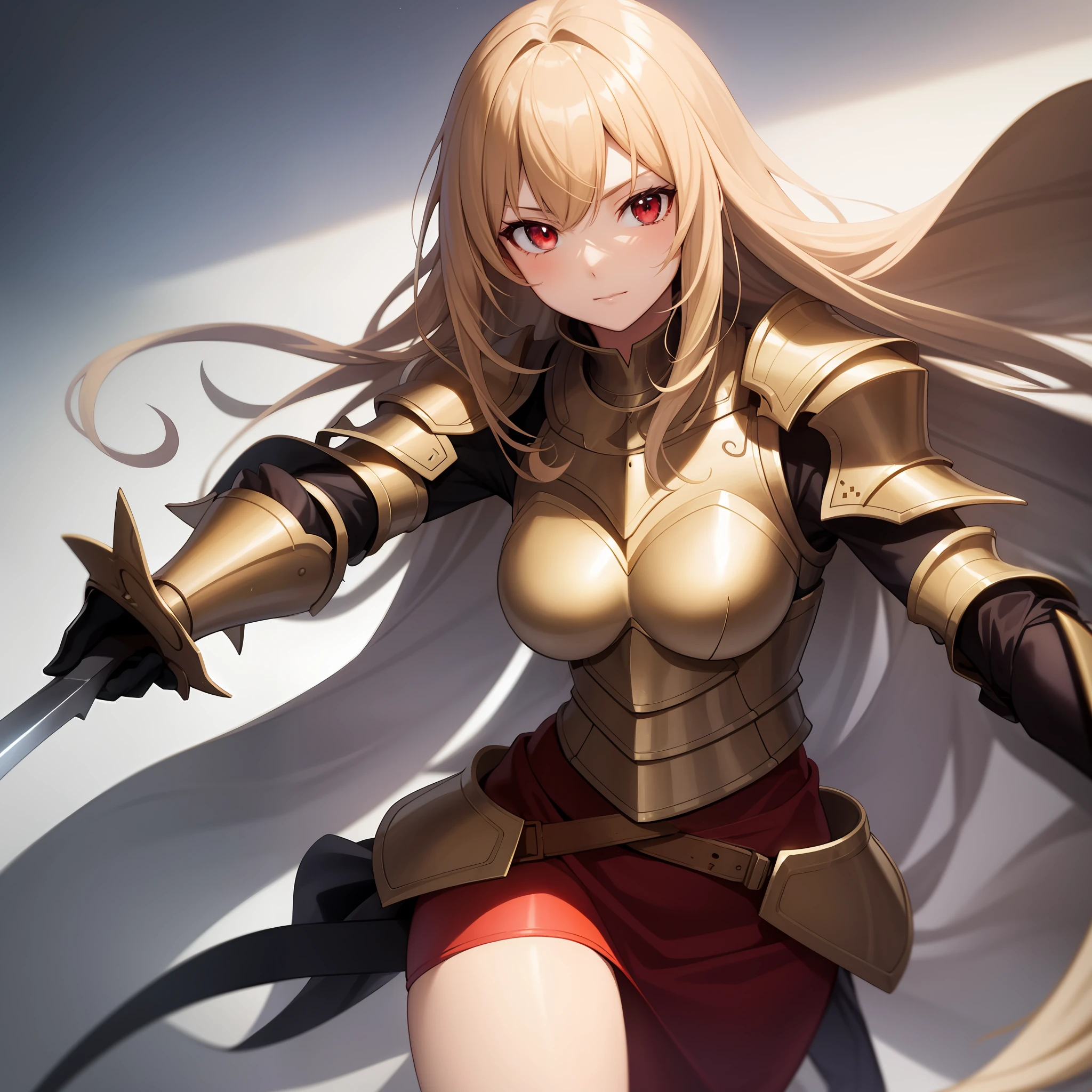 anime, girl single, blonde, red eyes, solo, armor, sword