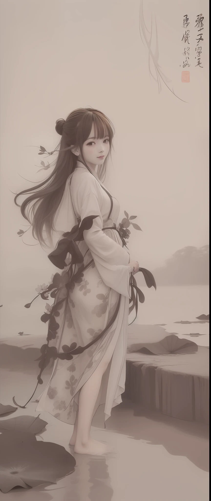 ((4k,masterpiece,best quality)), shuimobysim, traditional chinese ink painting, lotus, hanfu, maxiskit, dress conservatively 1girl, solo, long blue hair, smile, standing, feet in the water, barefoot,
